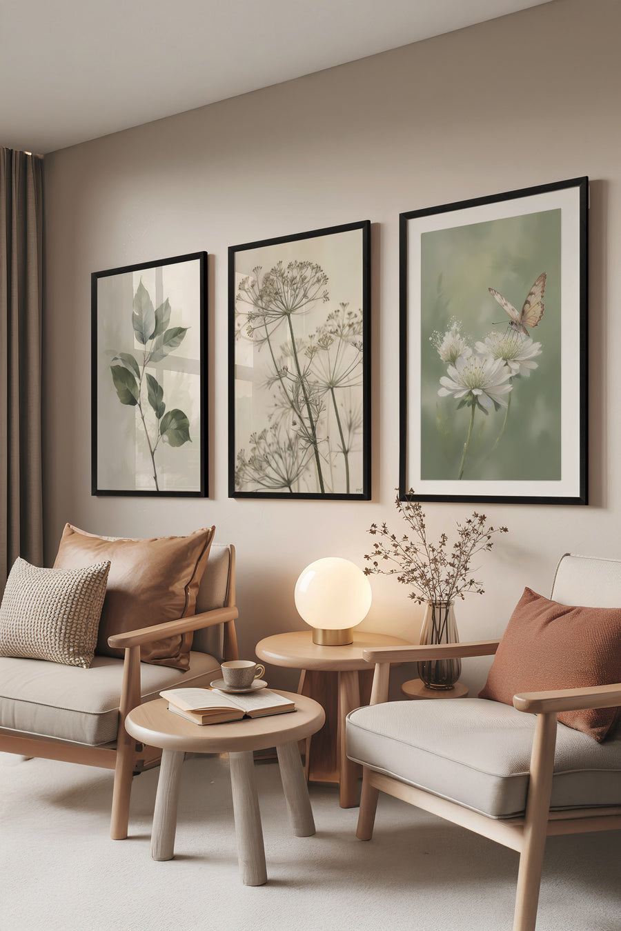 Siyah Tablo Seti, 3 Adet Siyah Çerçeveli Poster Nature Model No:300809, Yeşil Duvar Dekoru