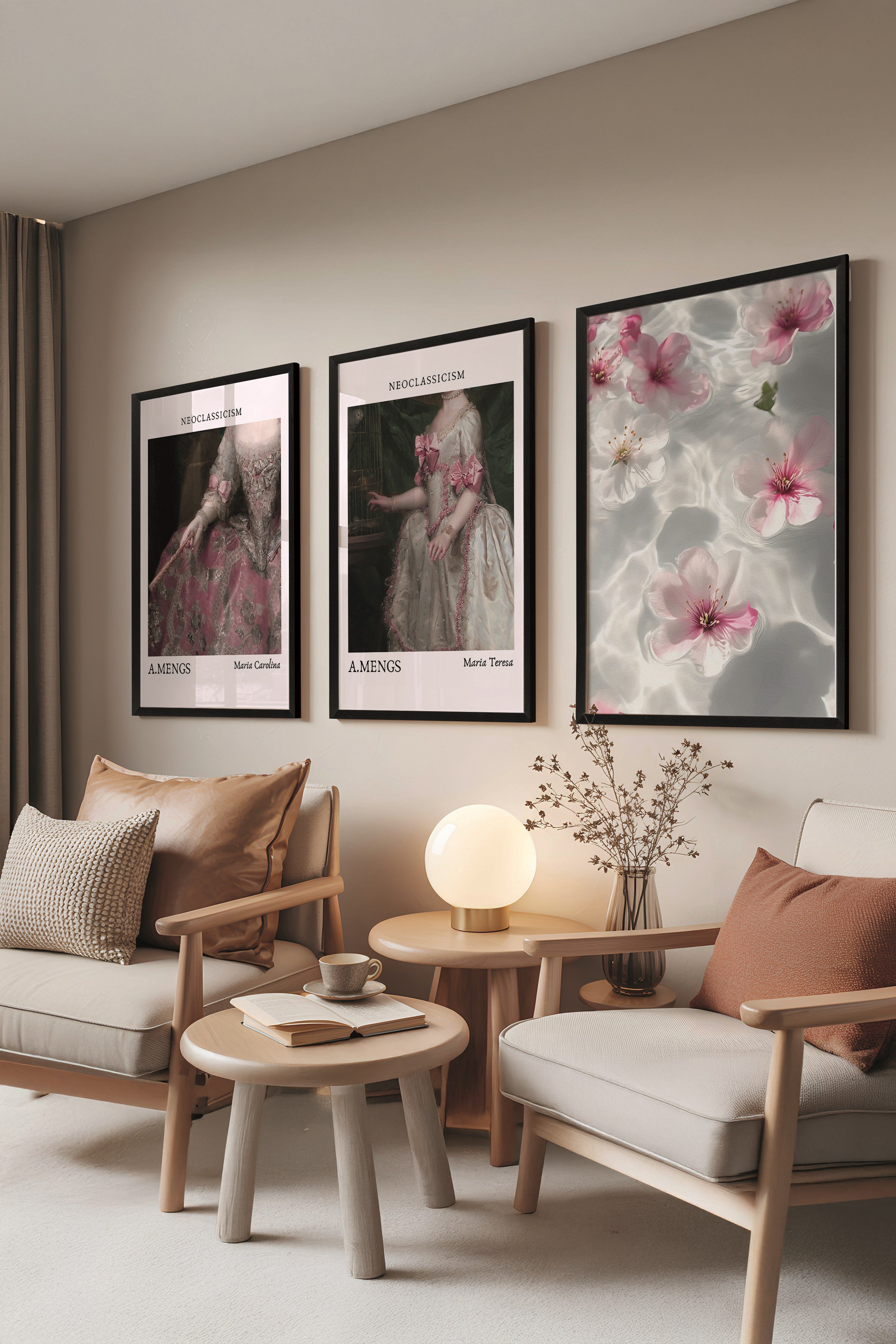 Siyah Tablo Seti, 3 Adet Siyah Çerçeveli Poster Neoclassicism Model No:300813, Pembe ve Siyah Dekor