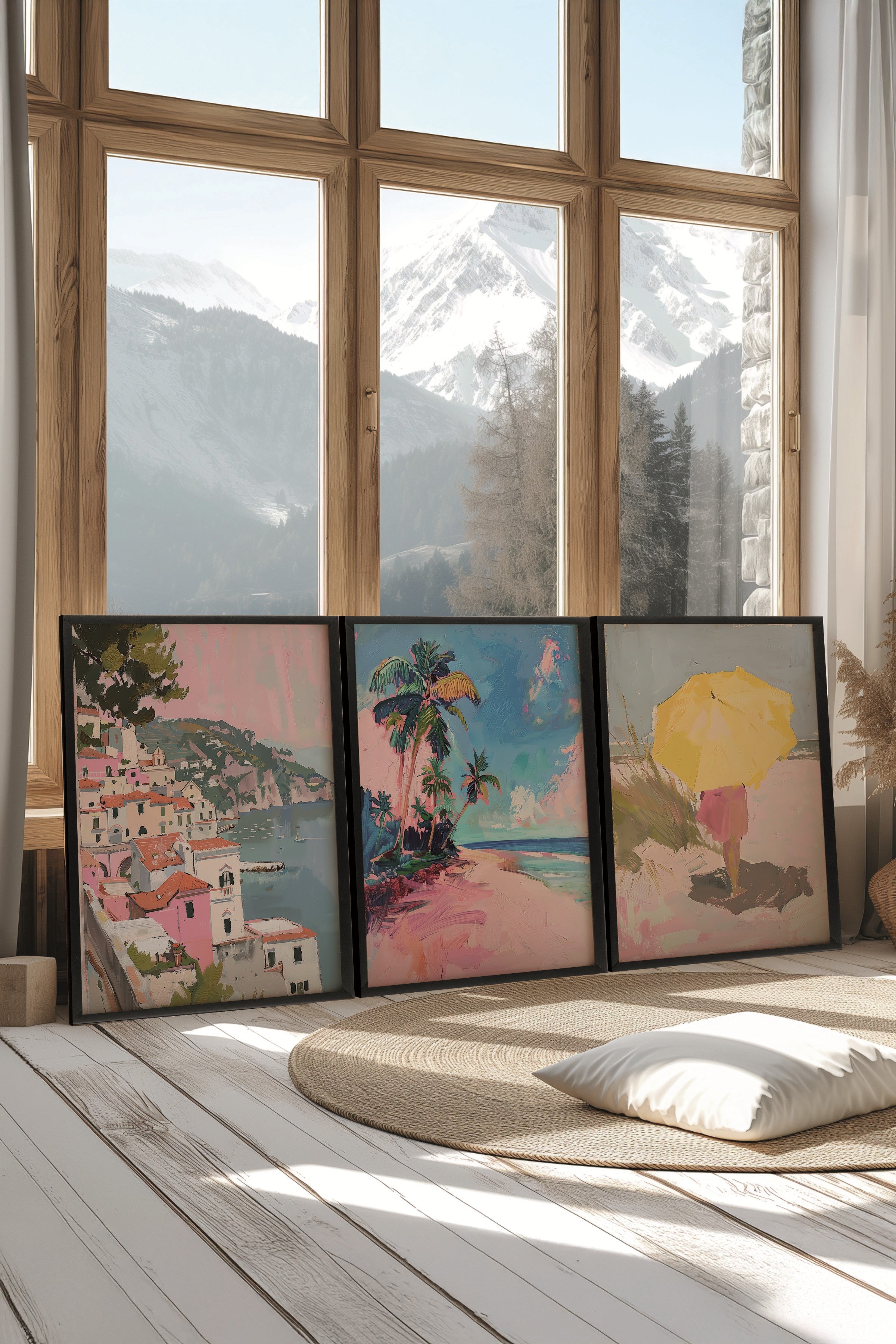 Siyah Tablo Seti, 3 Adet Siyah Çerçeveli Poster Pembe Sahil Model No:300898, Renkli Duvar Dekoru