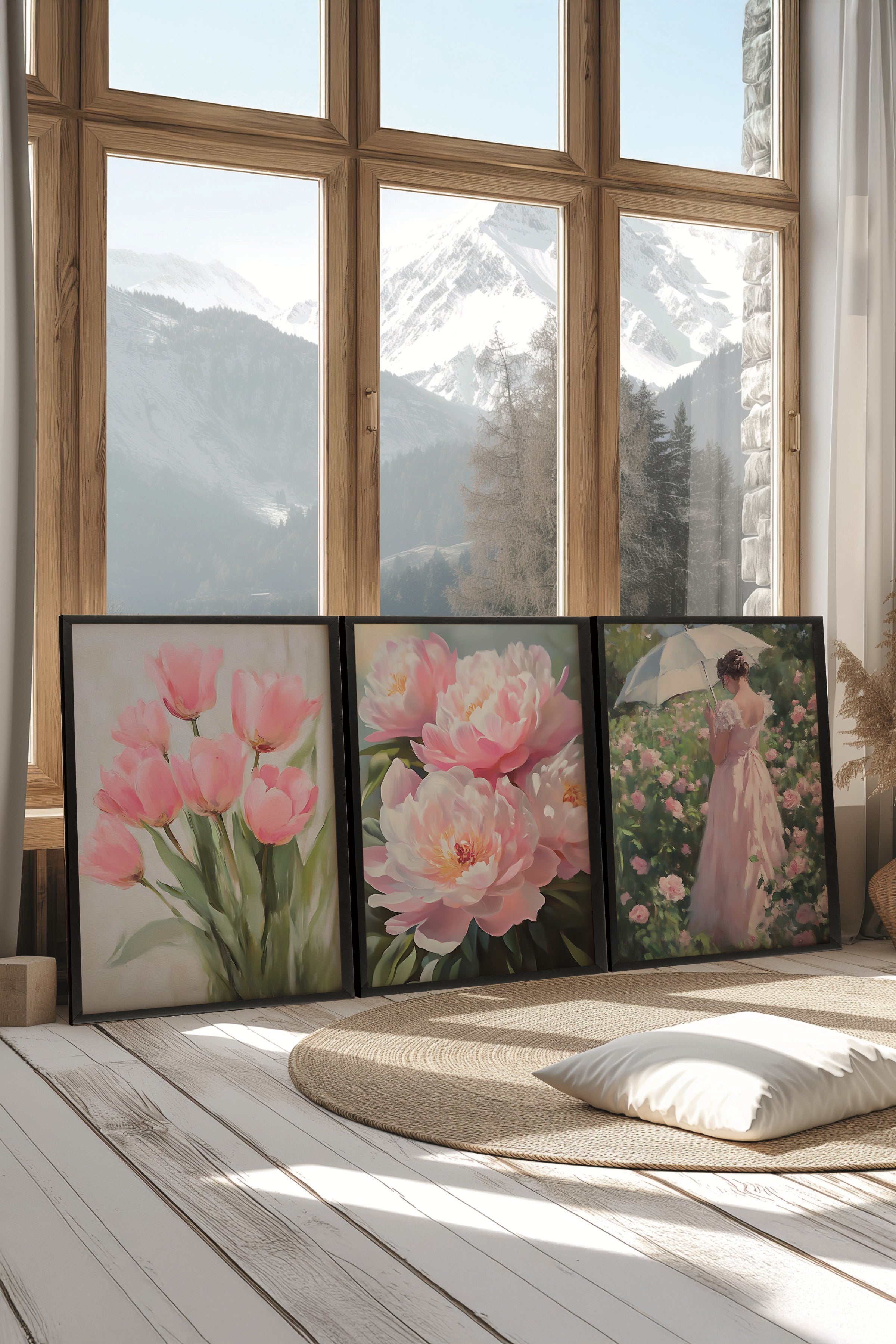 Siyah Tablo Seti, 3 Adet Siyah Çerçeveli Poster pinky flower Model No:300894, Pembe Duvar Dekoru
