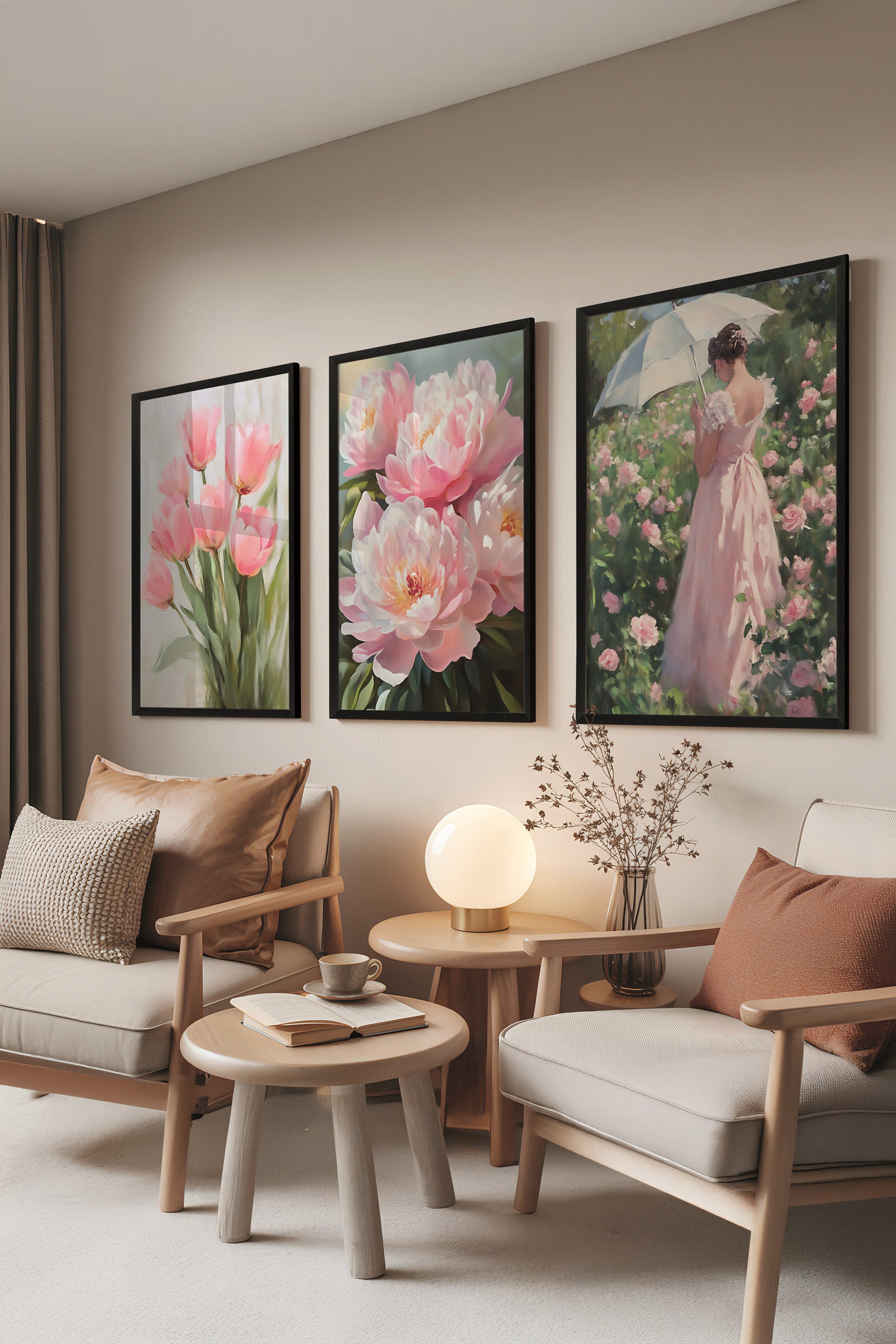 Siyah Tablo Seti, 3 Adet Siyah Çerçeveli Poster pinky flower Model No:300894, Pembe Duvar Dekoru