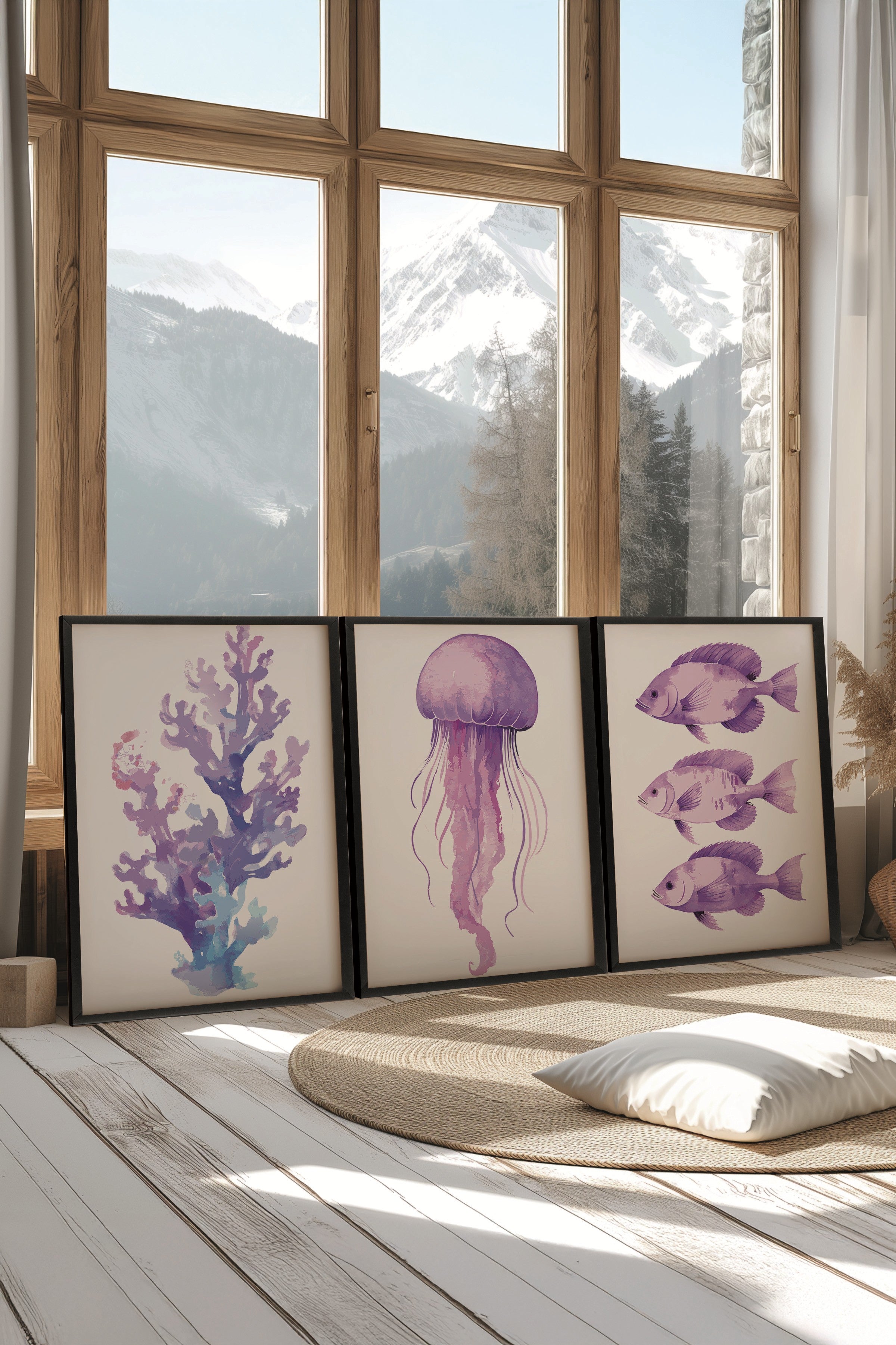 Siyah Tablo Seti, 3 Adet Siyah Çerçeveli Poster sea creatures Model No:300822, Mor Duvar Dekoru