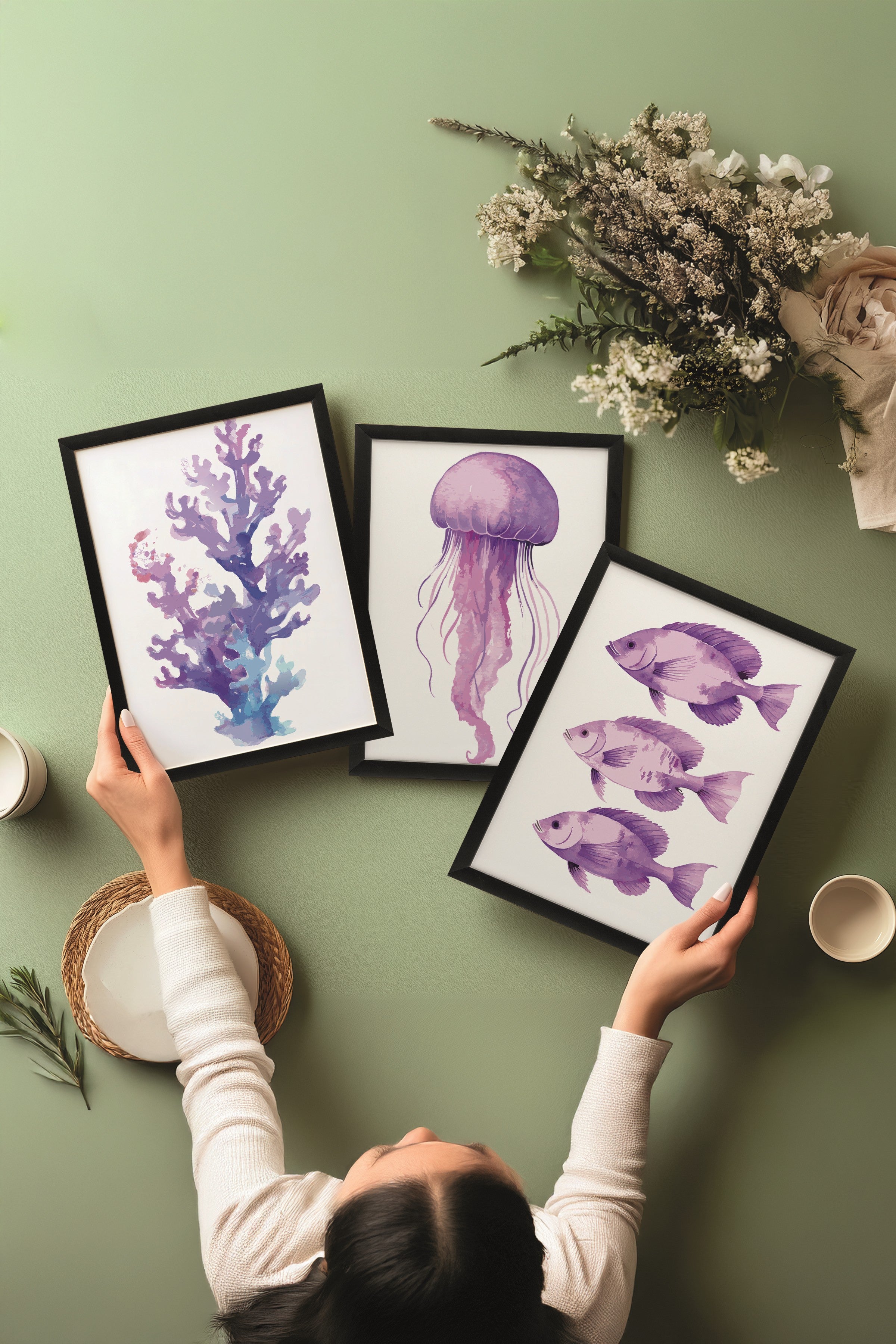 Siyah Tablo Seti, 3 Adet Siyah Çerçeveli Poster sea creatures Model No:300822, Mor Duvar Dekoru