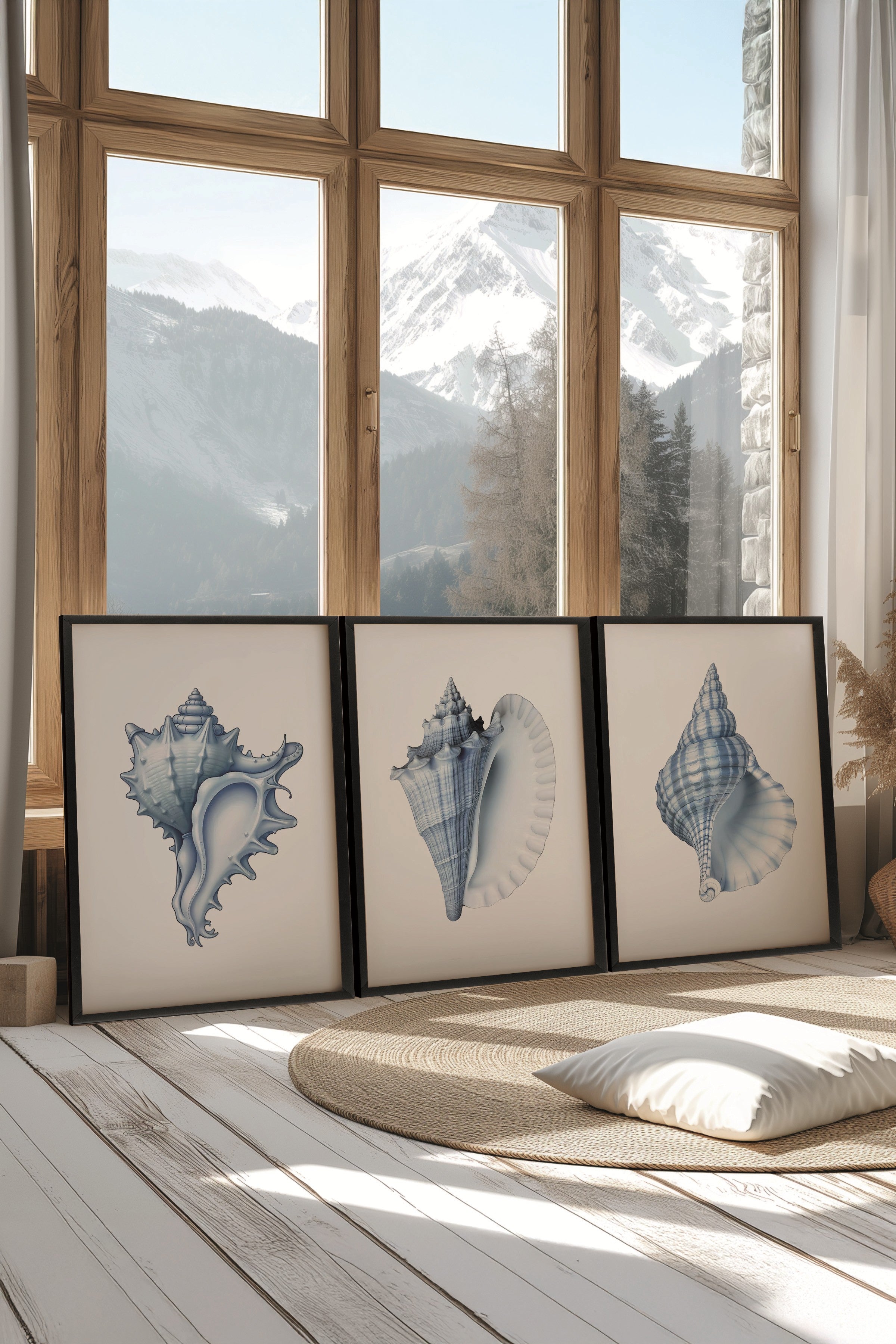 Siyah Tablo Seti, 3 Adet Siyah Çerçeveli Poster seashells Model No:300838, Mavi Duvar Dekoru