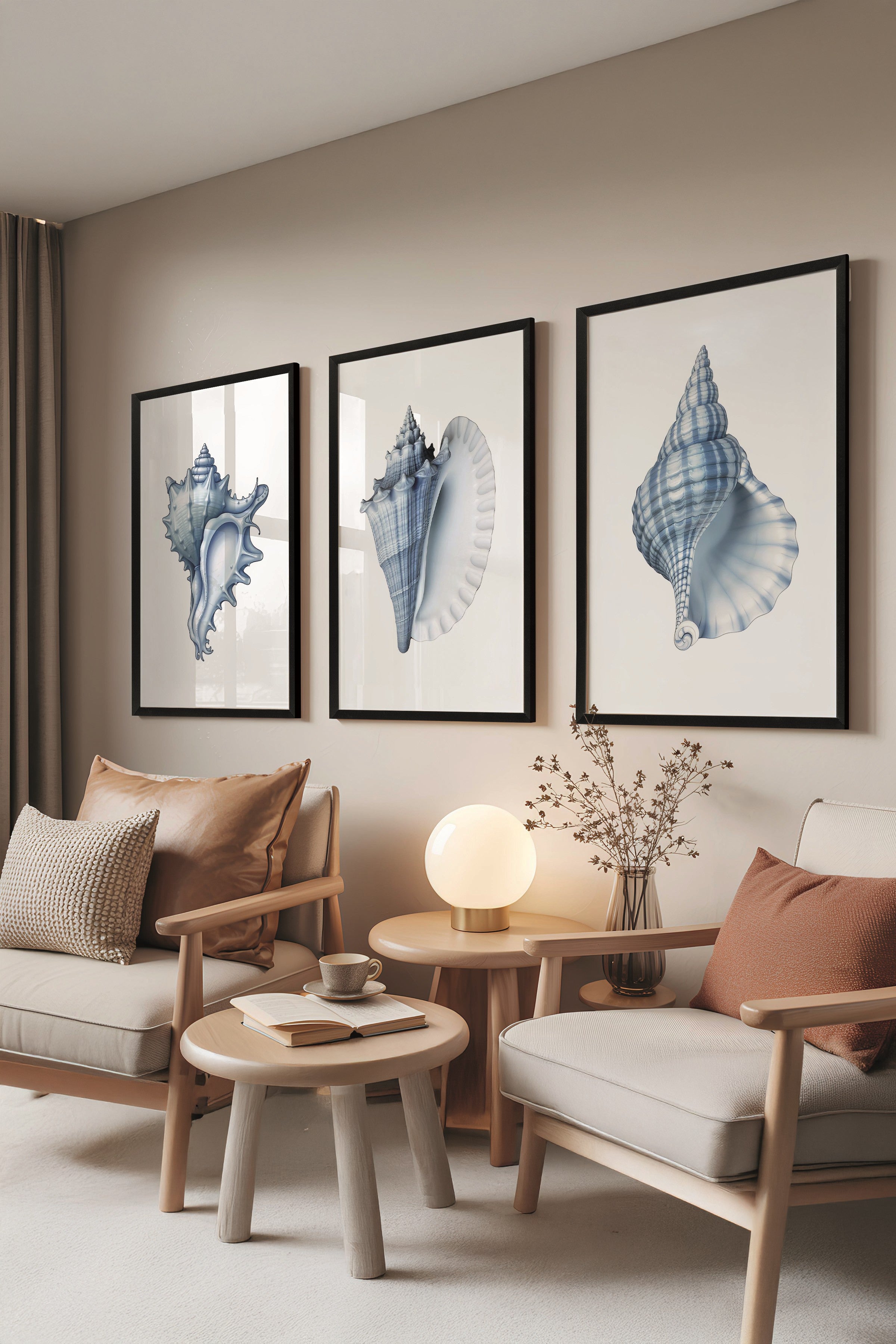 Siyah Tablo Seti, 3 Adet Siyah Çerçeveli Poster seashells Model No:300838, Mavi Duvar Dekoru