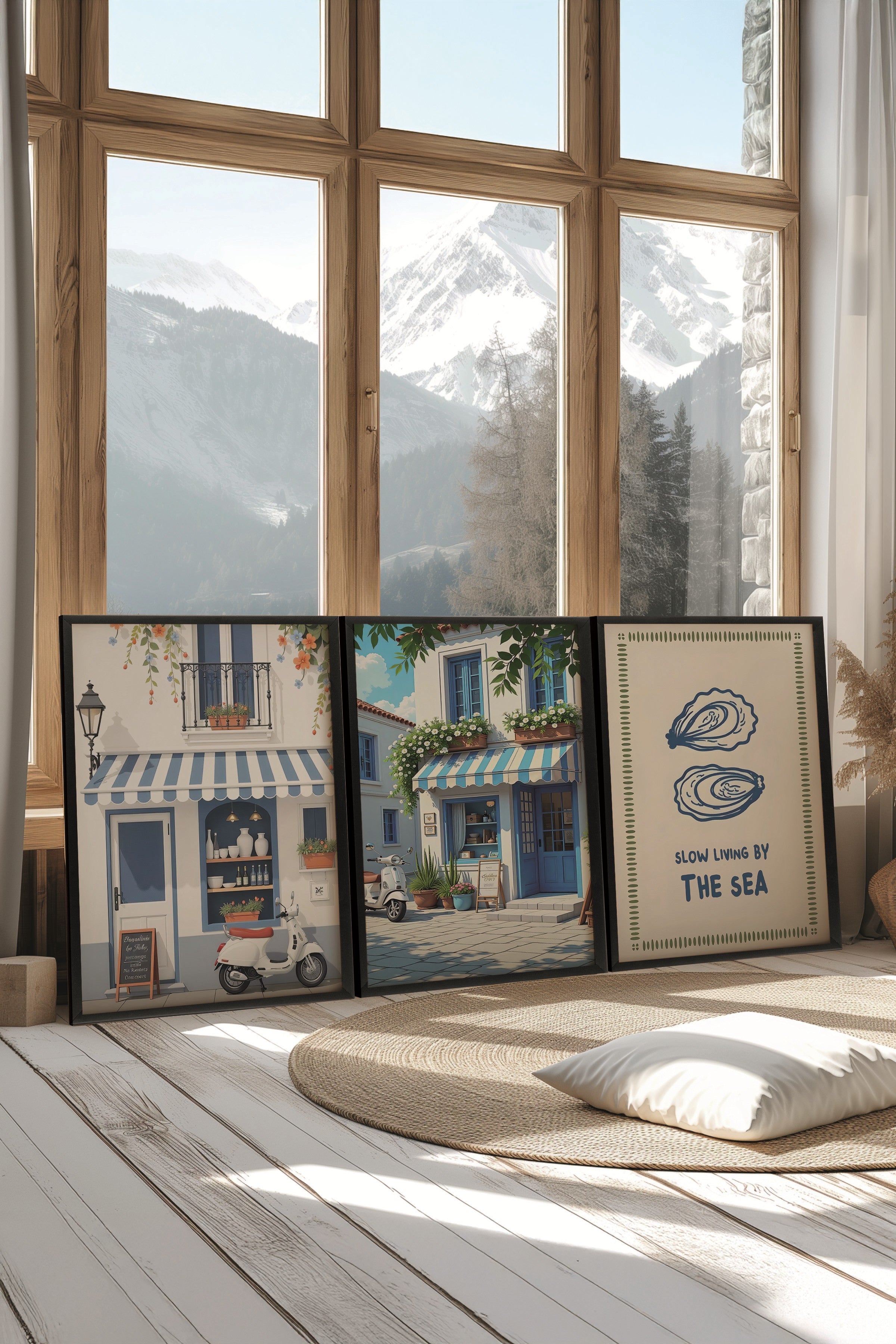 Siyah Tablo Seti, 3 Adet Siyah Çerçeveli Poster Slow Living by the Sea Model No:300860, Duvar Dekoru