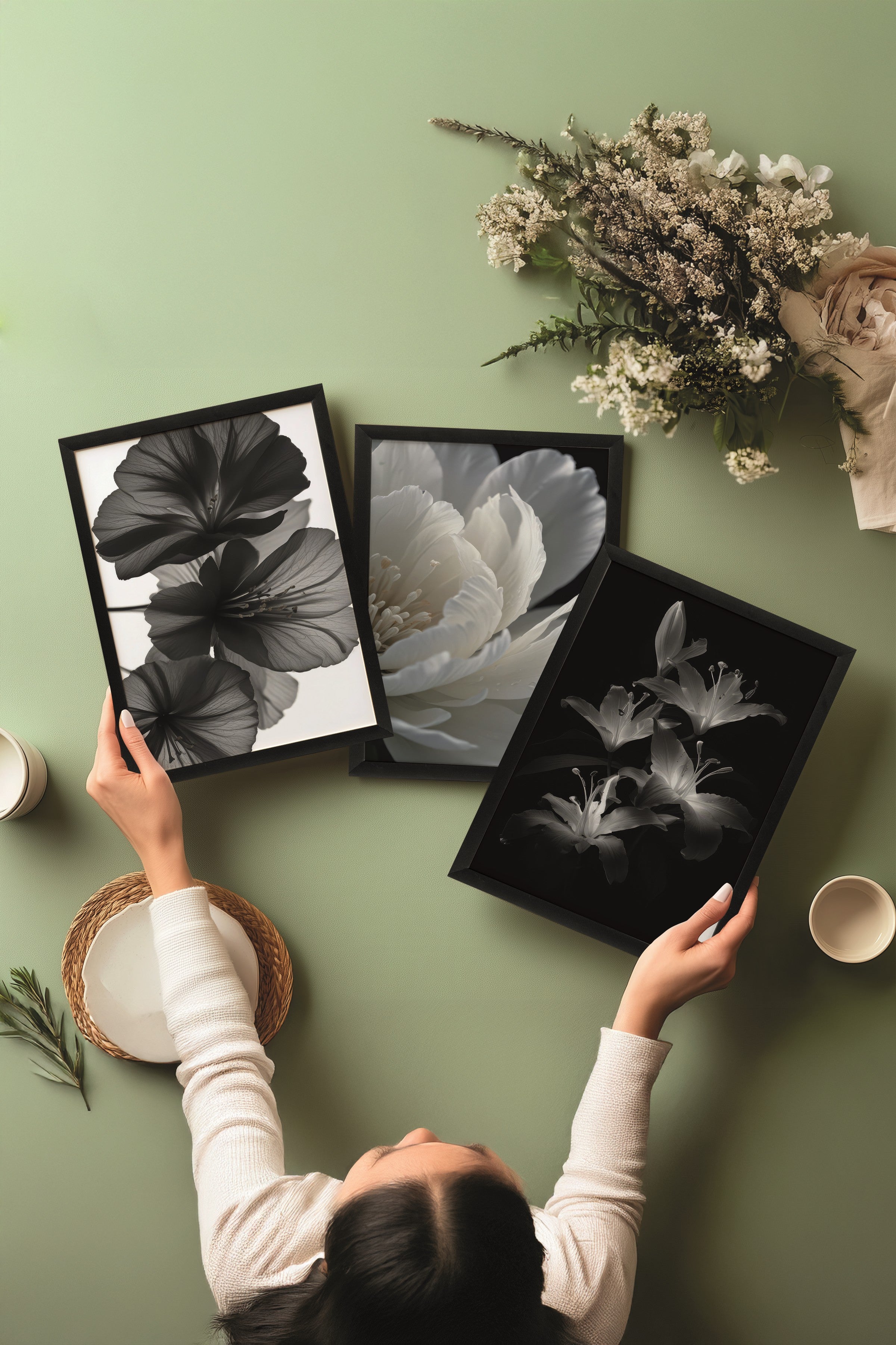 Siyah Tablo Seti, 3 Adet Siyah Çerçeveli Poster Soft Flowers Model No:300801, Duvar Dekoru