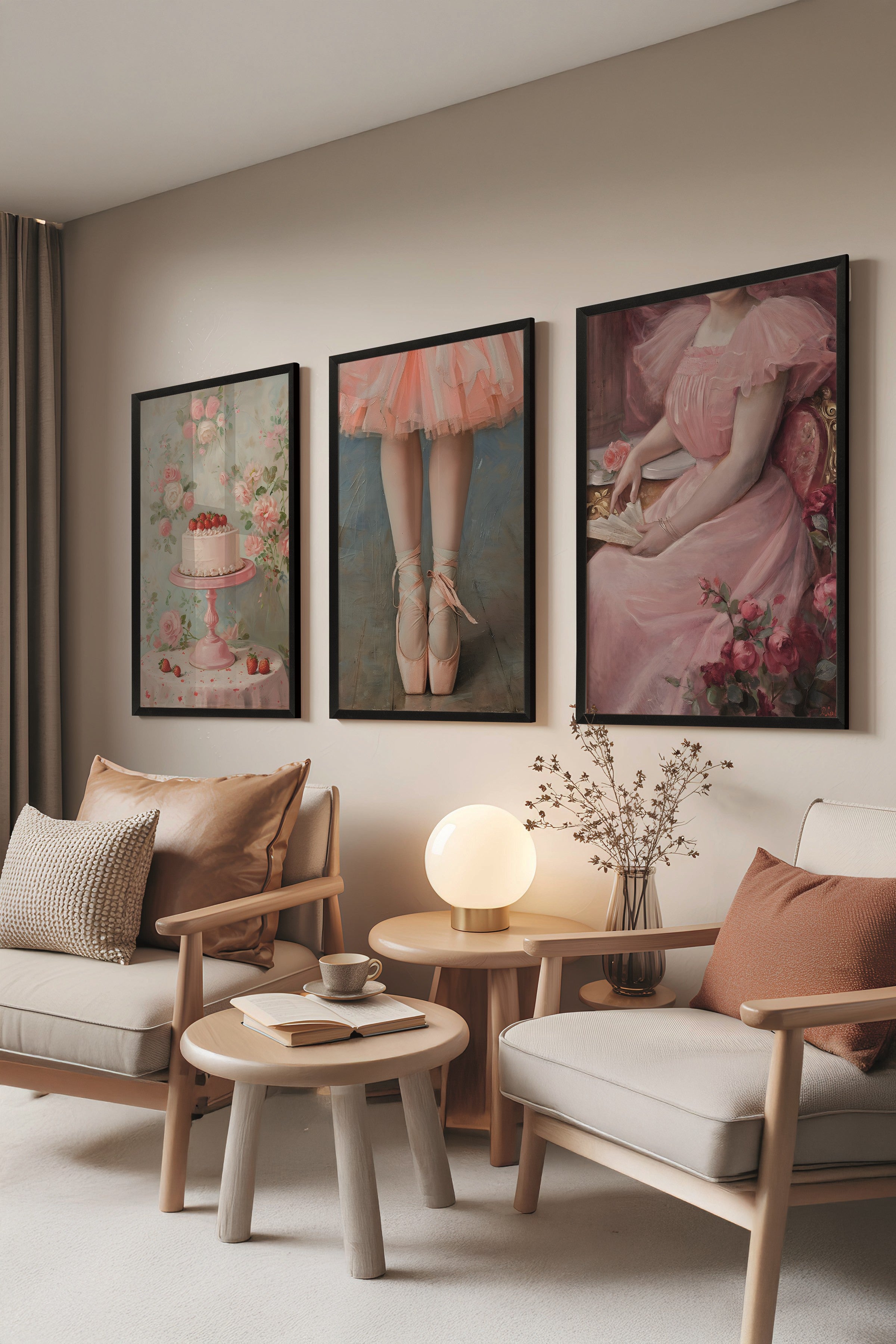 Siyah Tablo Seti, 3 Adet Siyah Çerçeveli Poster Strawberry Cake Model No:300892, Pembe Duvar Dekoru