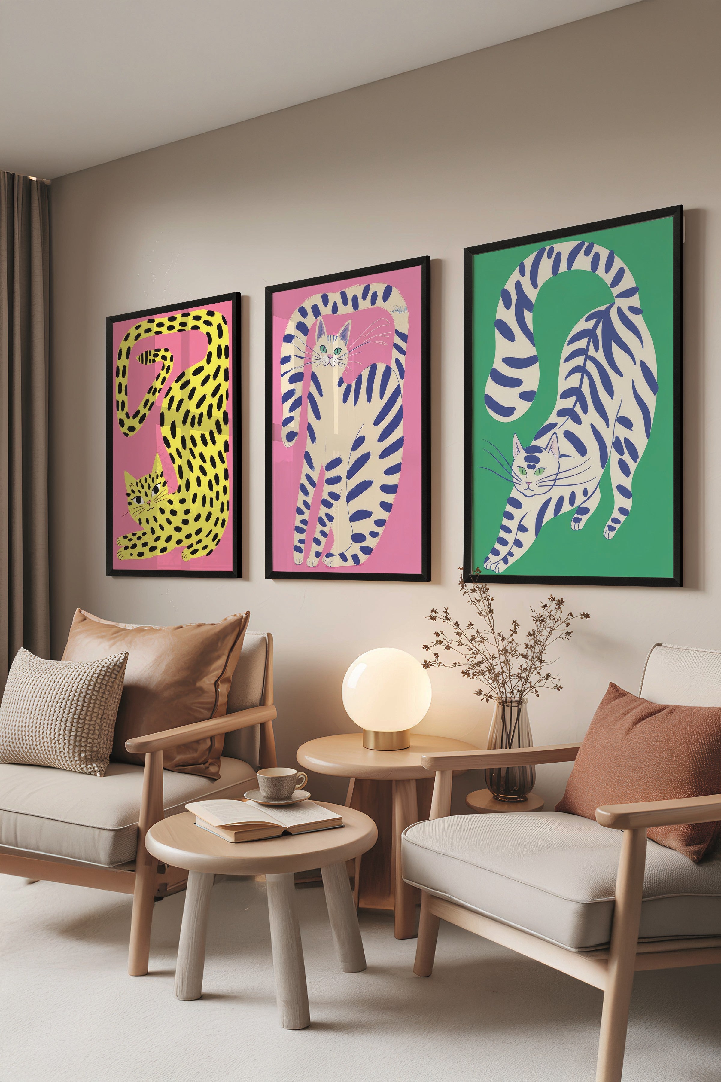 Siyah Tablo Seti, 3 Adet Siyah Çerçeveli Poster Strech Cats Model No:300806, Yeşil Duvar Dekoru