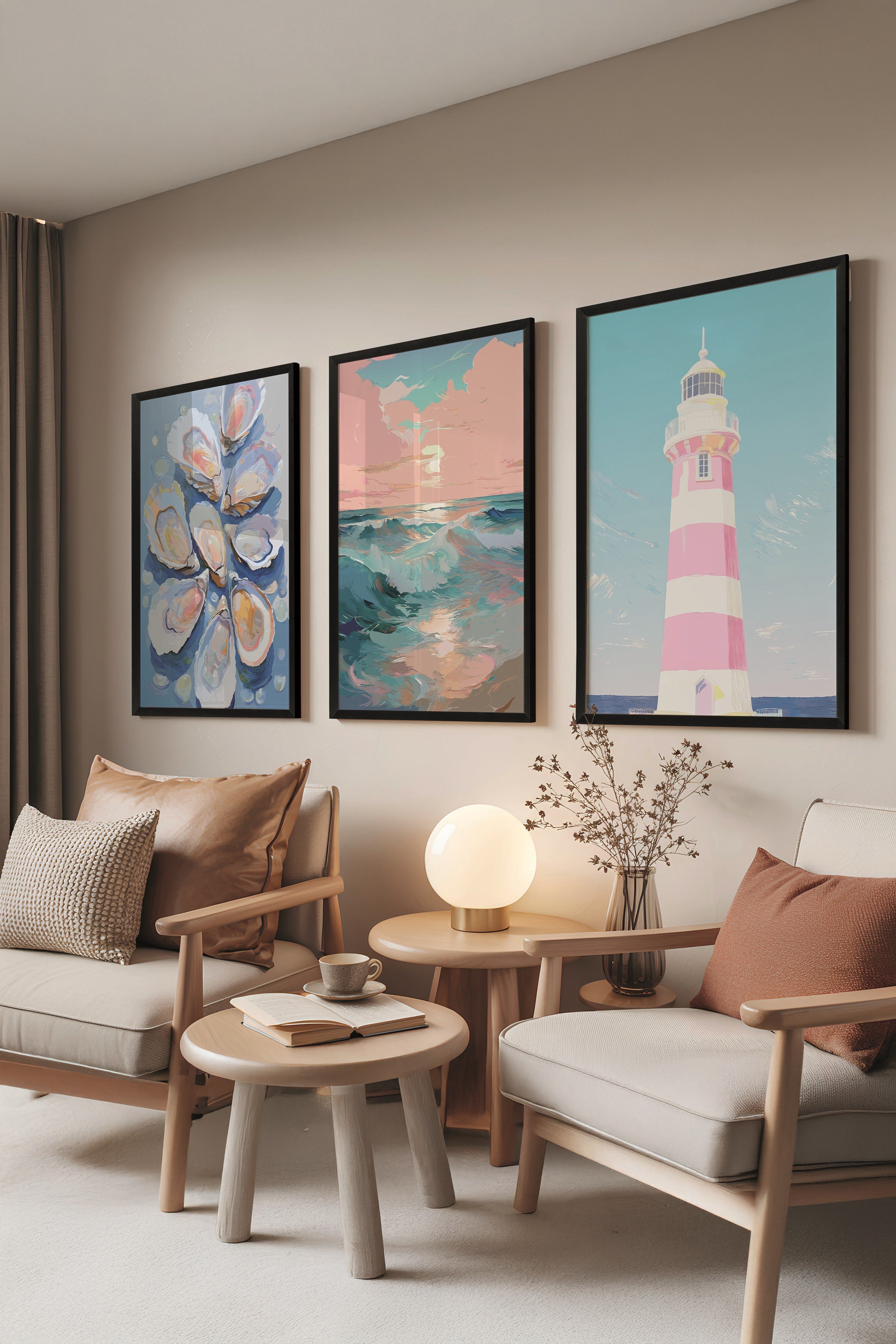 Siyah Tablo Seti, 3 Adet Siyah Çerçeveli Poster summer Model No:300823, Pembe ve Mavi Duvar Dekoru