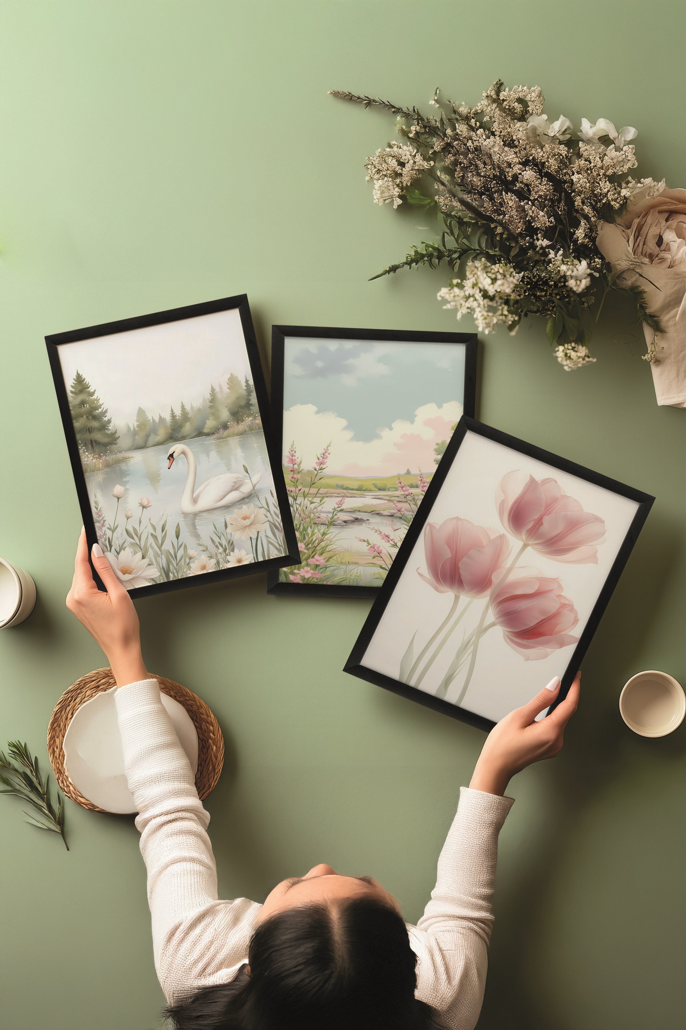 Siyah Tablo Seti, 3 Adet Siyah Çerçeveli Poster Swan Nature Model No:300804, Multicolor Duvar Dekoru