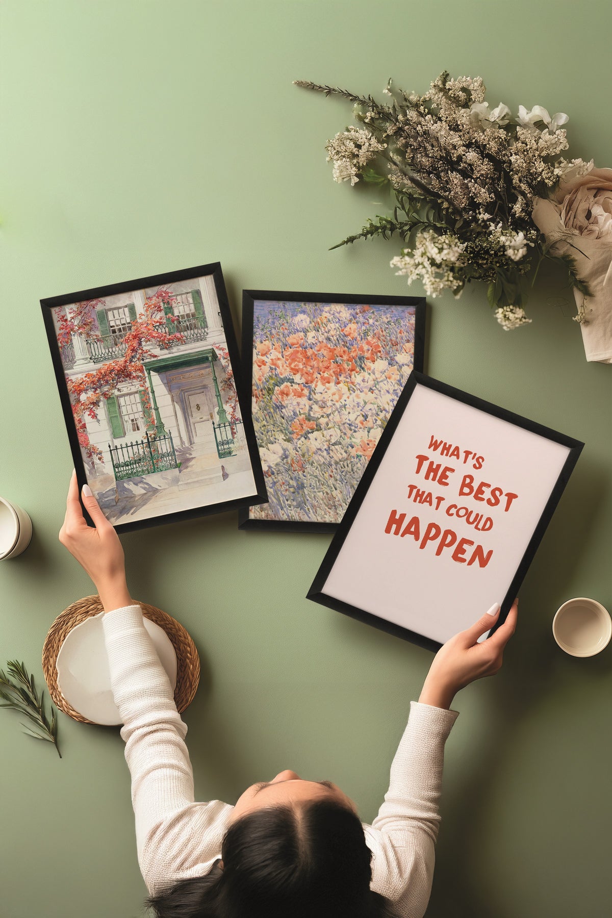 Siyah Tablo Seti, 3 Adet Siyah Çerçeveli Poster The Best Happen Model No:300864, Duvar Dekoru