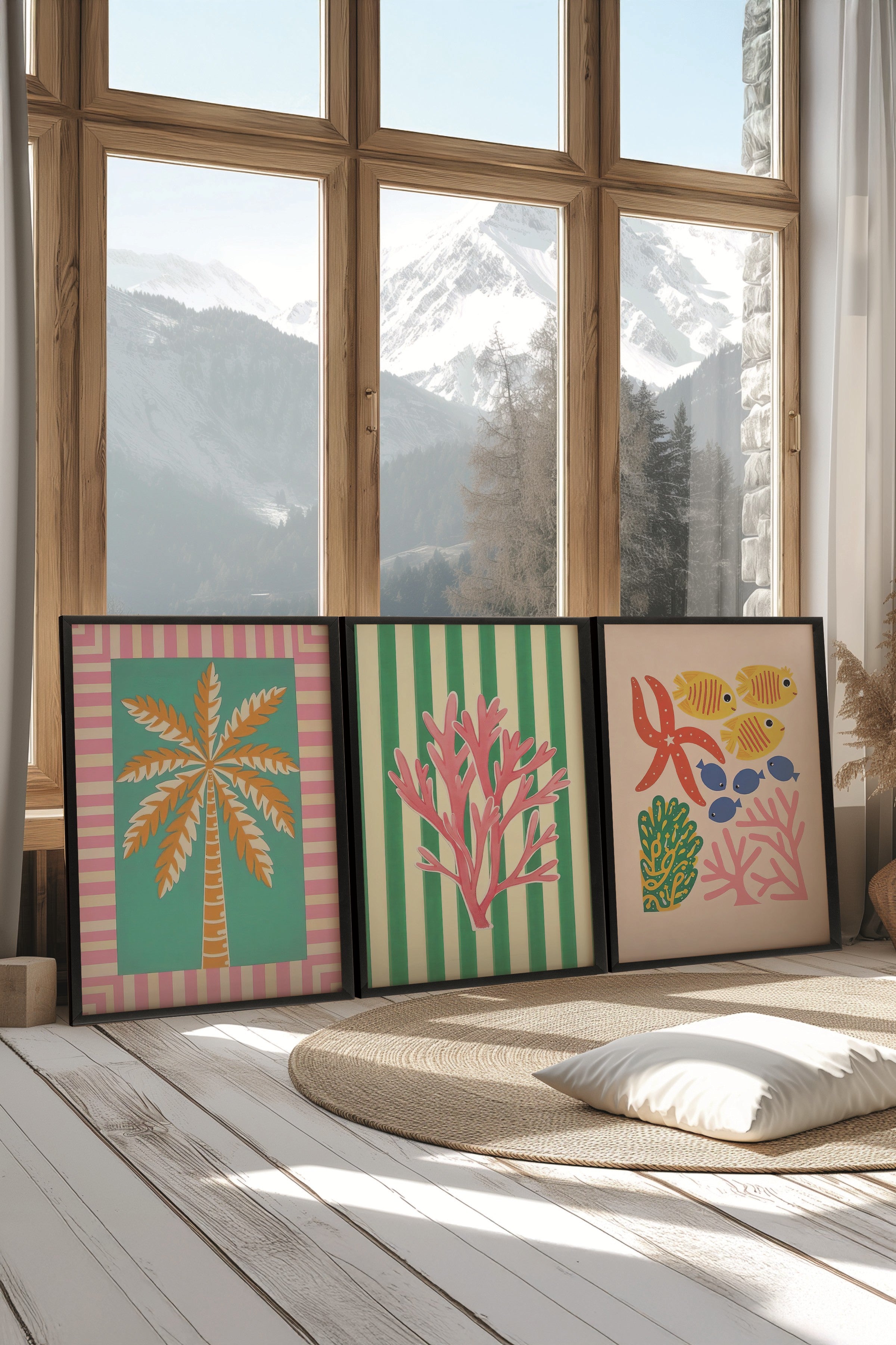 Siyah Tablo Seti, 3 Adet Siyah Çerçeveli Poster tree valley Model No:300829, Duvar Dekoru