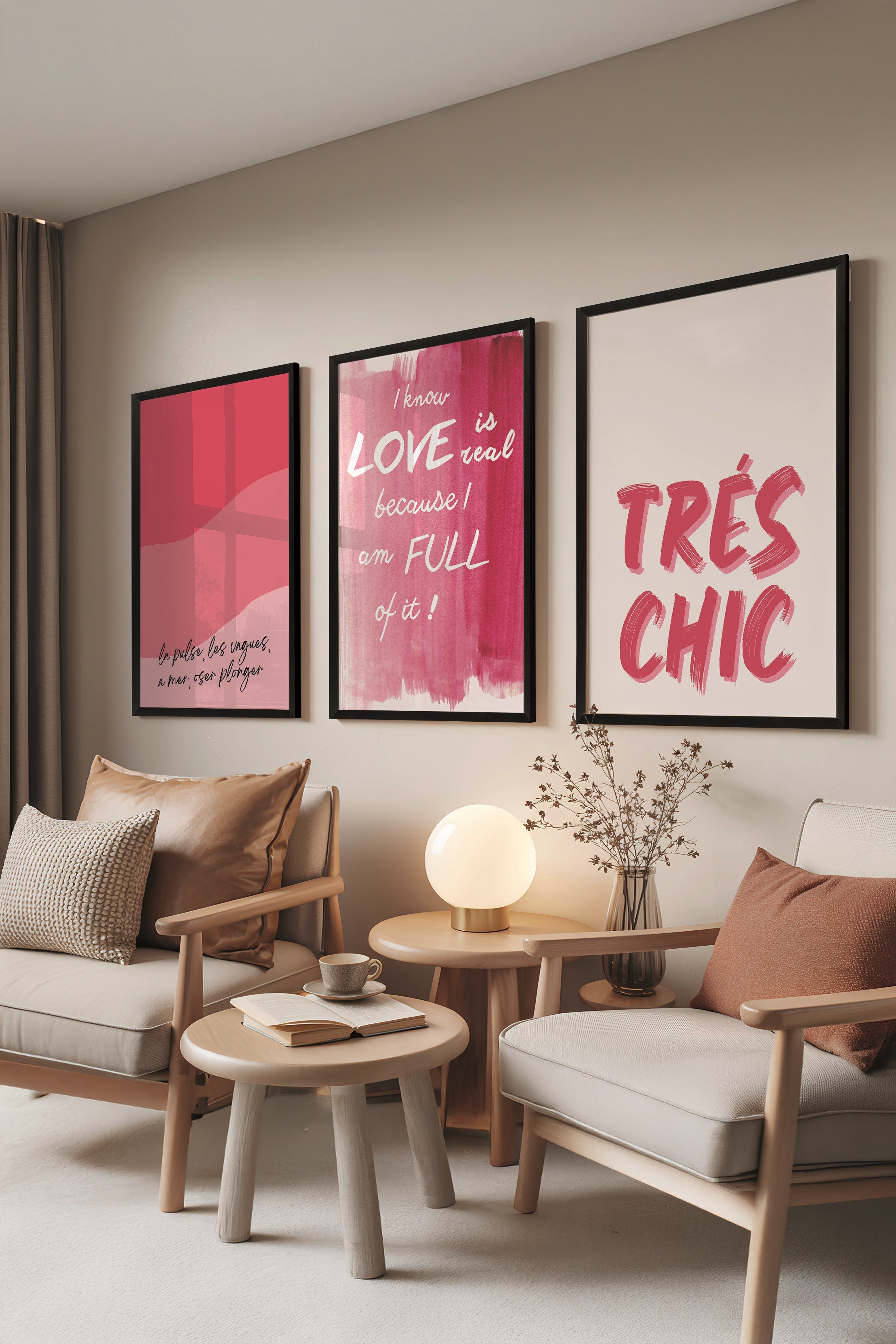 Siyah Tablo Seti, 3 Adet Siyah Çerçeveli Poster Tres Chic Model No:300814, Kırmızı Duvar Dekoru