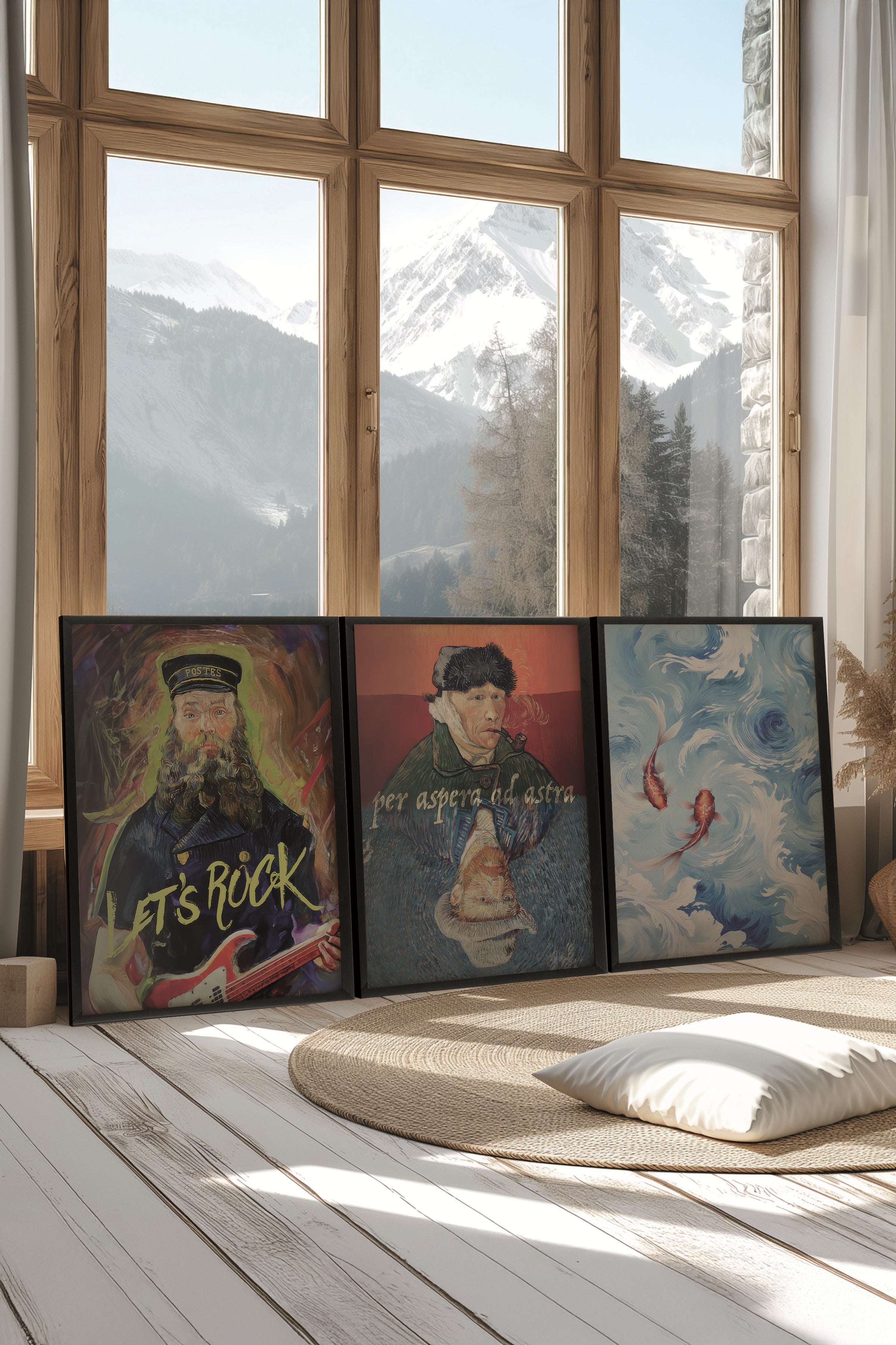 Siyah Tablo Seti, 3 Adet Siyah Çerçeveli Poster Van Gogh Model No:300802, Duvar Dekoru
