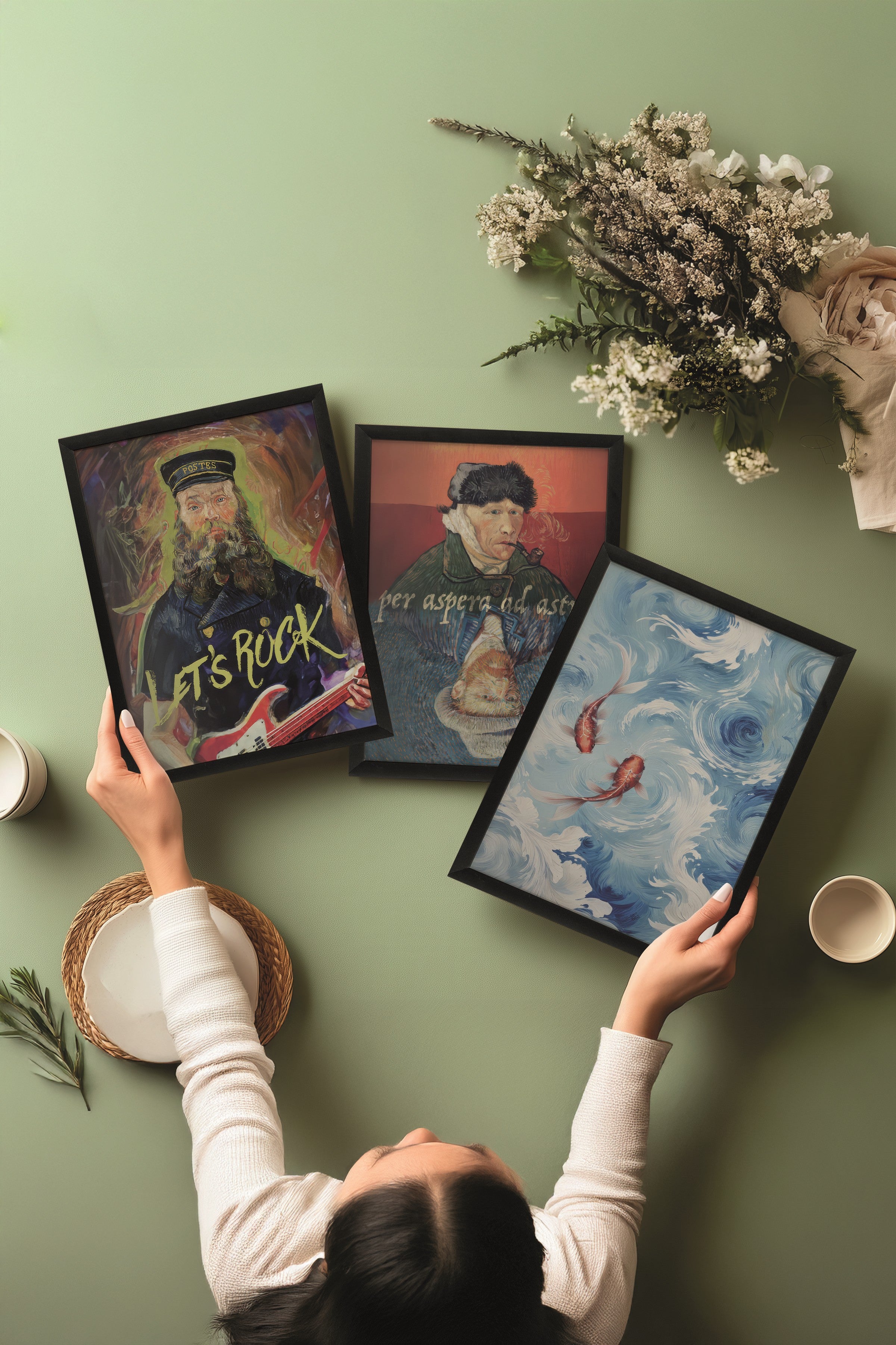 Siyah Tablo Seti, 3 Adet Siyah Çerçeveli Poster Van Gogh Model No:300802, Duvar Dekoru