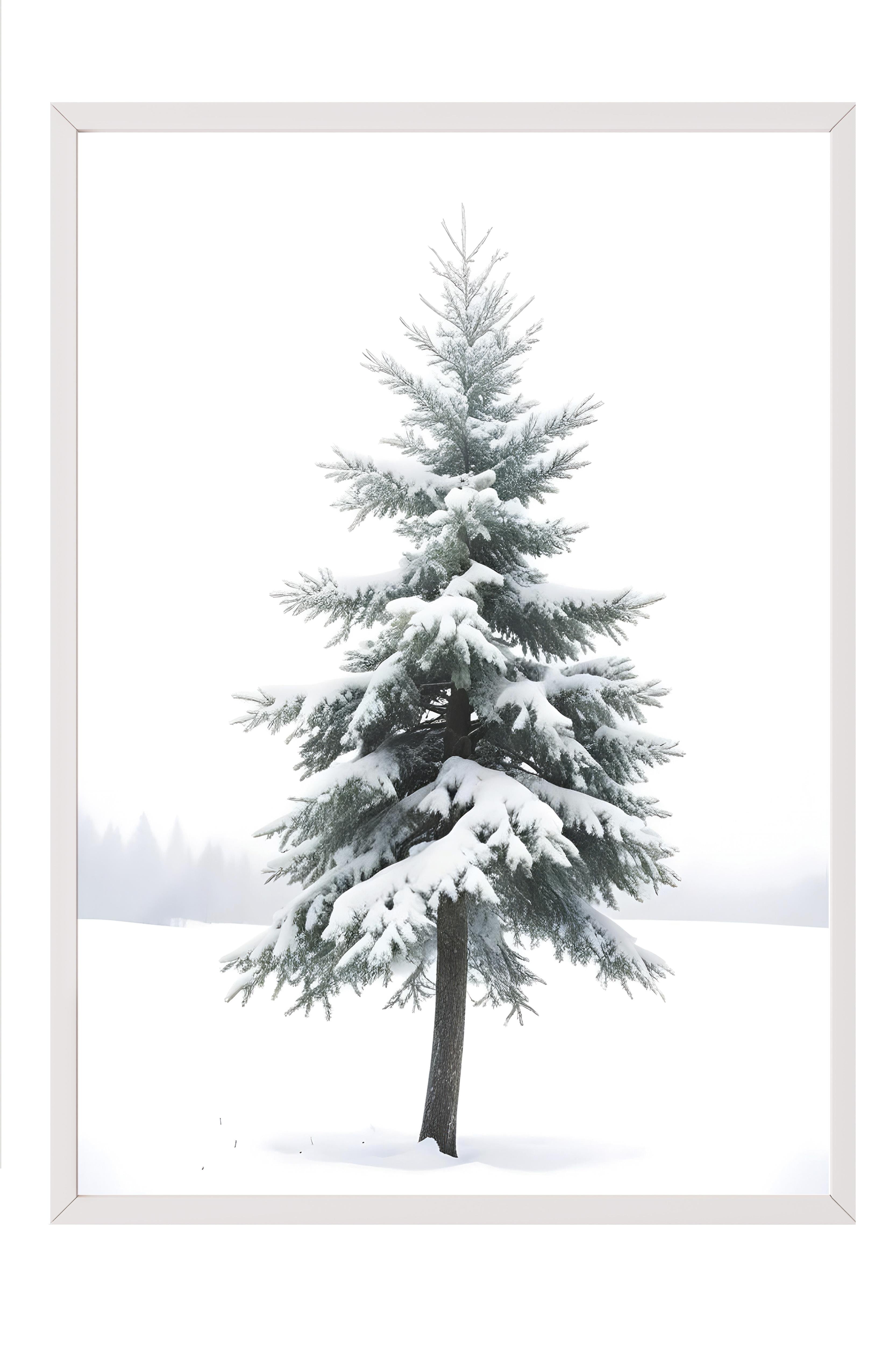 Snowy Spruce Yılbaşı Tablo, Beyaz Çerçeve ve Poster, Dikey Duvar Tablosu Comfort Serisi NO:108474