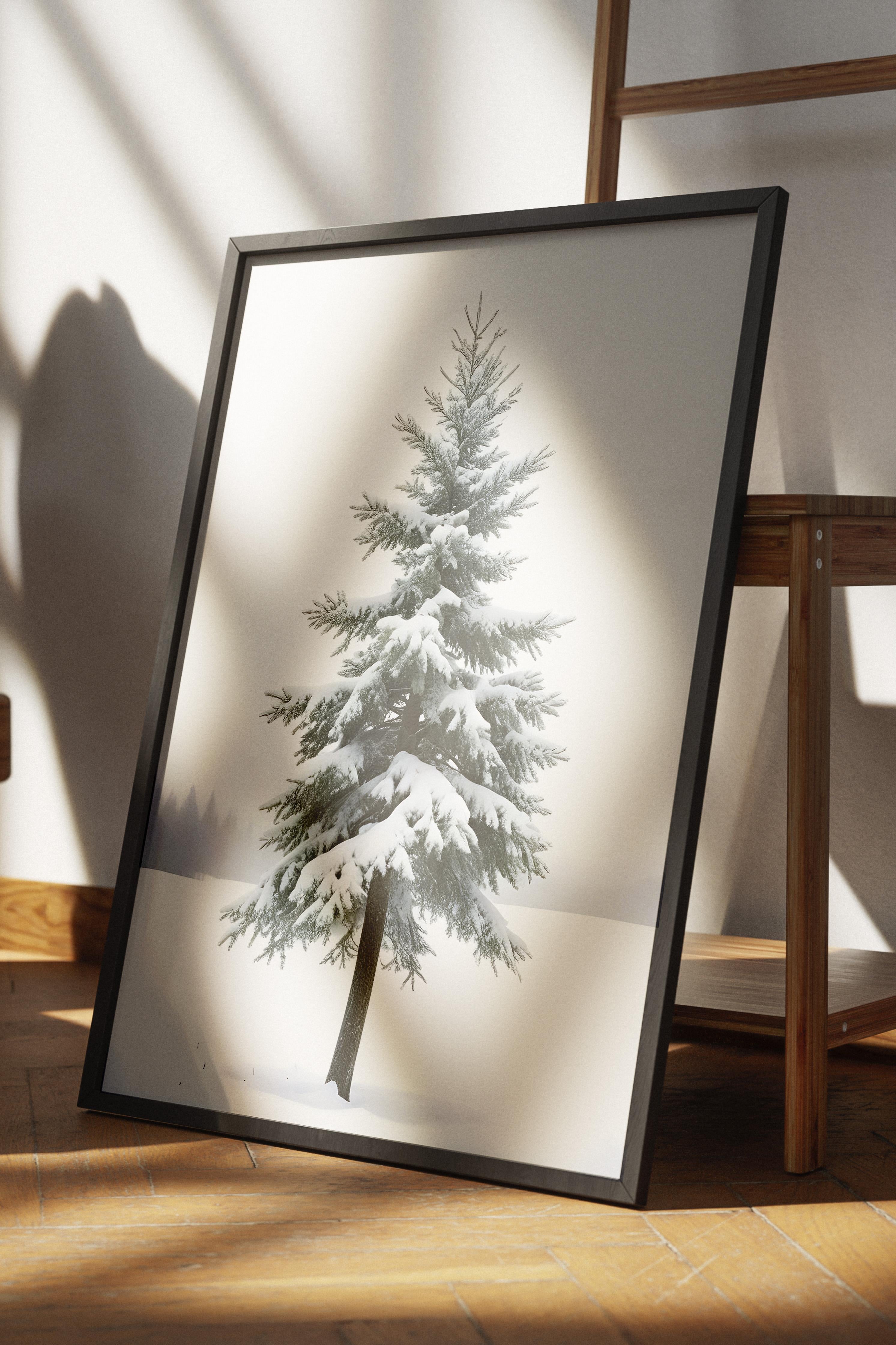 Snowy Spruce Yılbaşı Tablo, Siyah Çerçeve ve Poster, Dikey Duvar Tablosu Comfort Serisi NO:108474