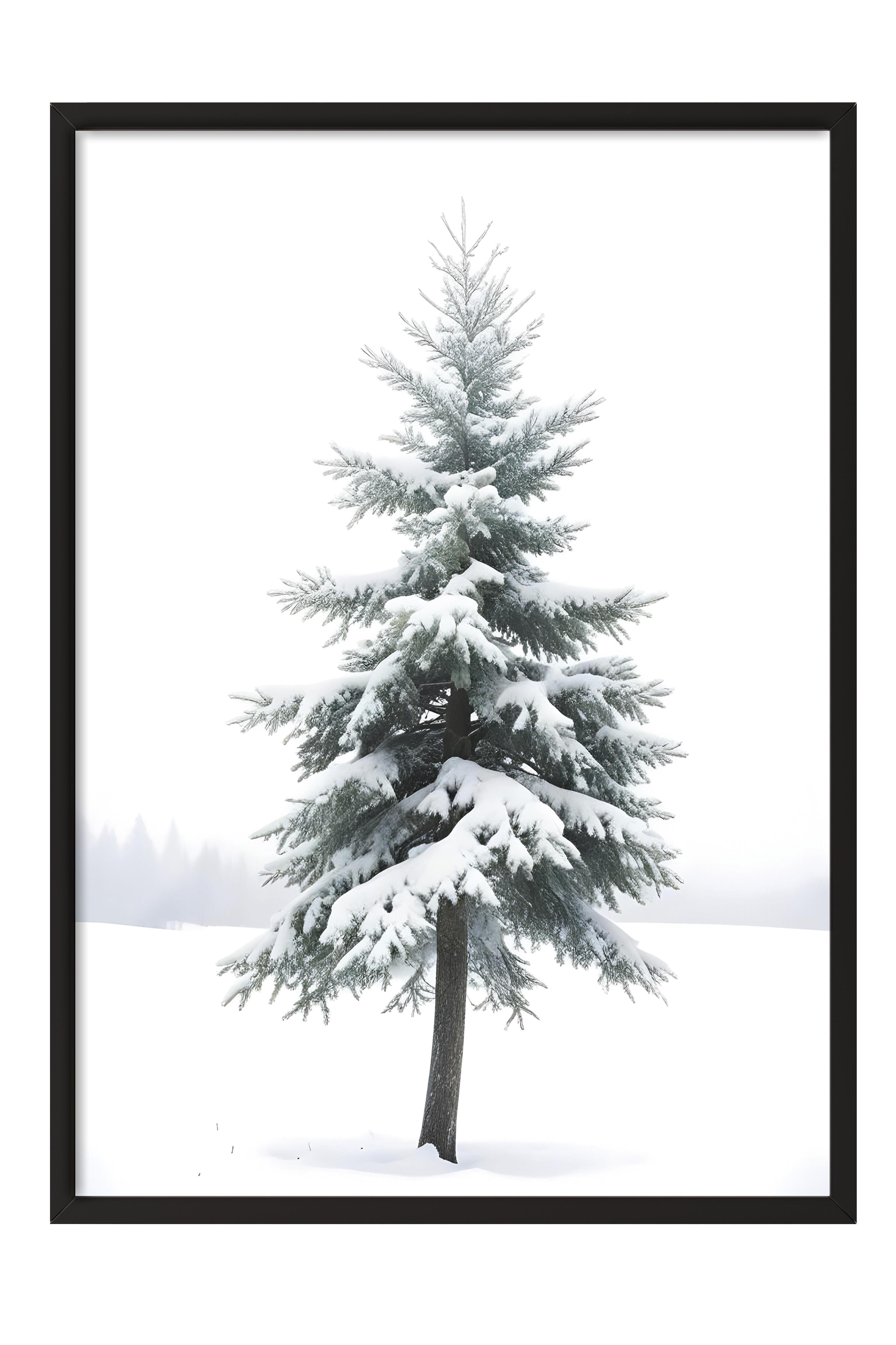 Snowy Spruce Yılbaşı Tablo, Siyah Çerçeve ve Poster, Dikey Duvar Tablosu Comfort Serisi NO:108474