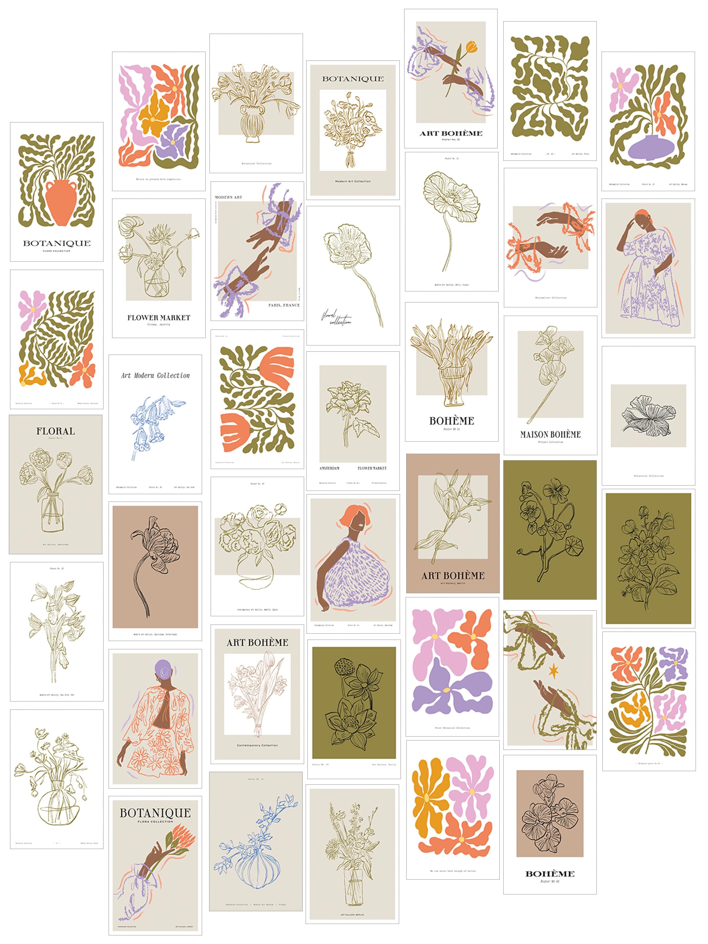 Soft Botanical Poster Seti - Vintage Kolaj Poster Seti - 40 Adet Vintage Poster - Yapışkan Hediyeli - Kutulu