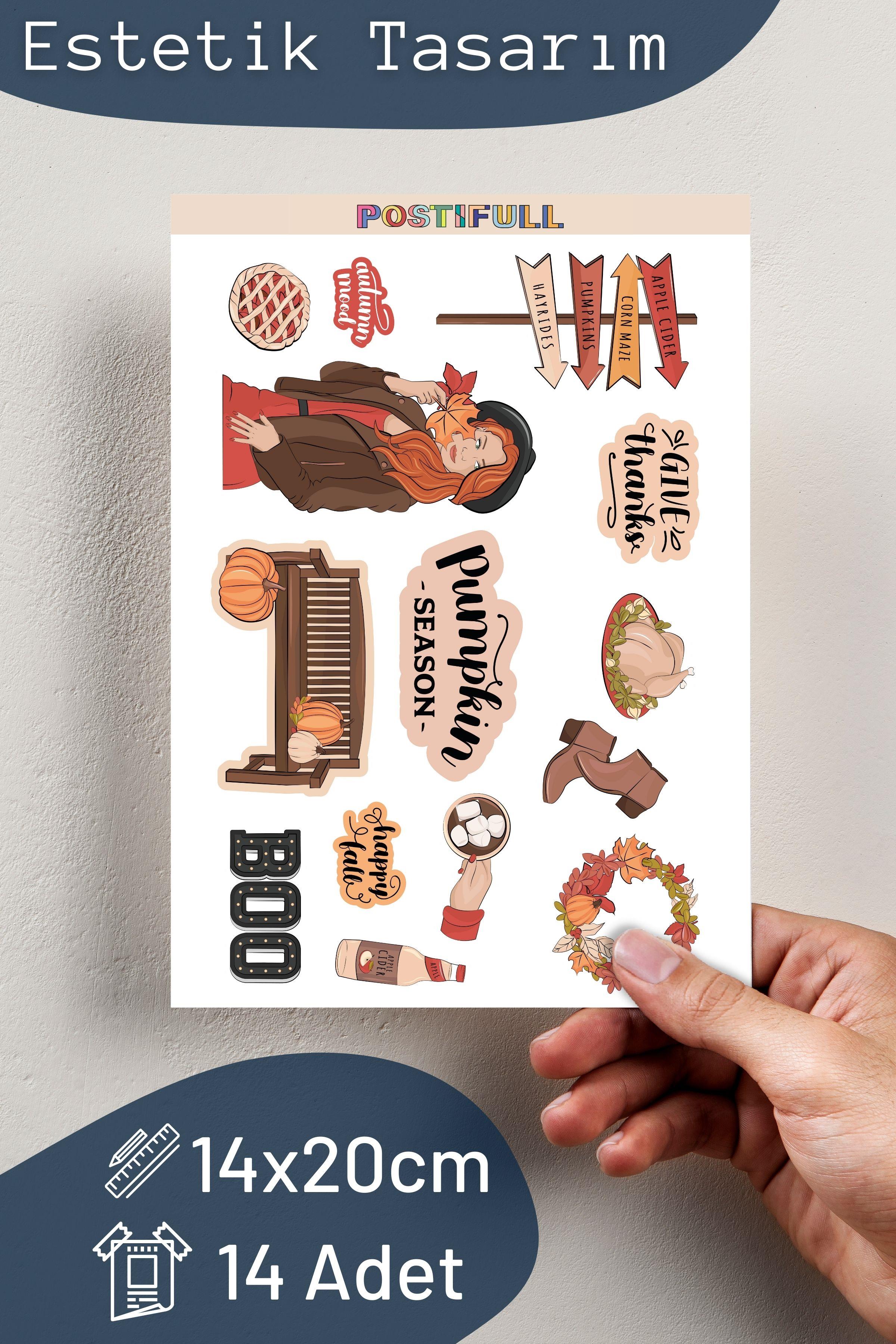 Sonbahar - Pumpkin Temalı Sticker ve Etiket Seti - Orta Boy - Su Geçirmez, Kalın Yapışkanlı Sticker