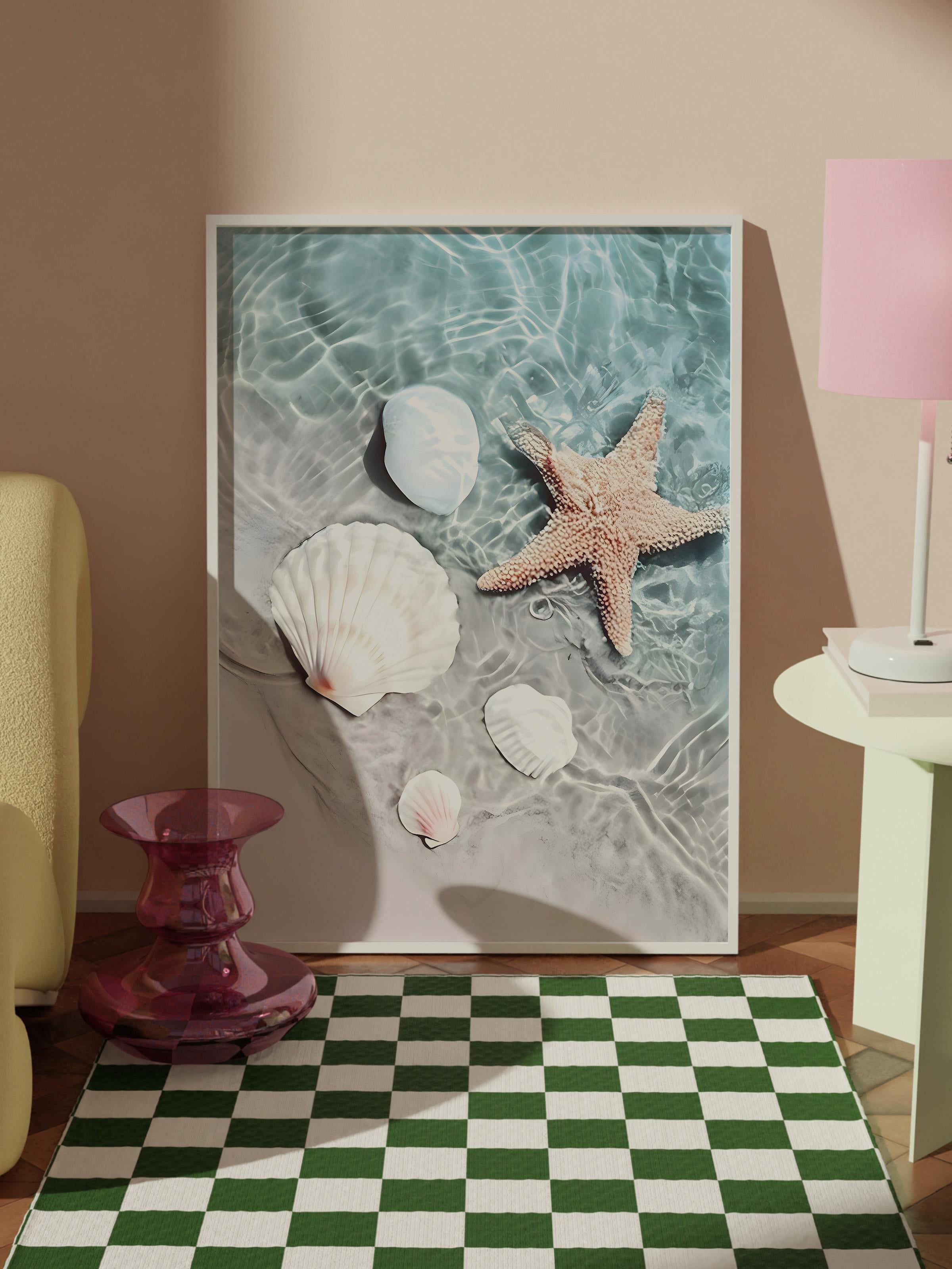 Starfish and Seashell Beyaz Çerçeveli Tablo, Duvar Tablosu Comfort Serisi NO:108423