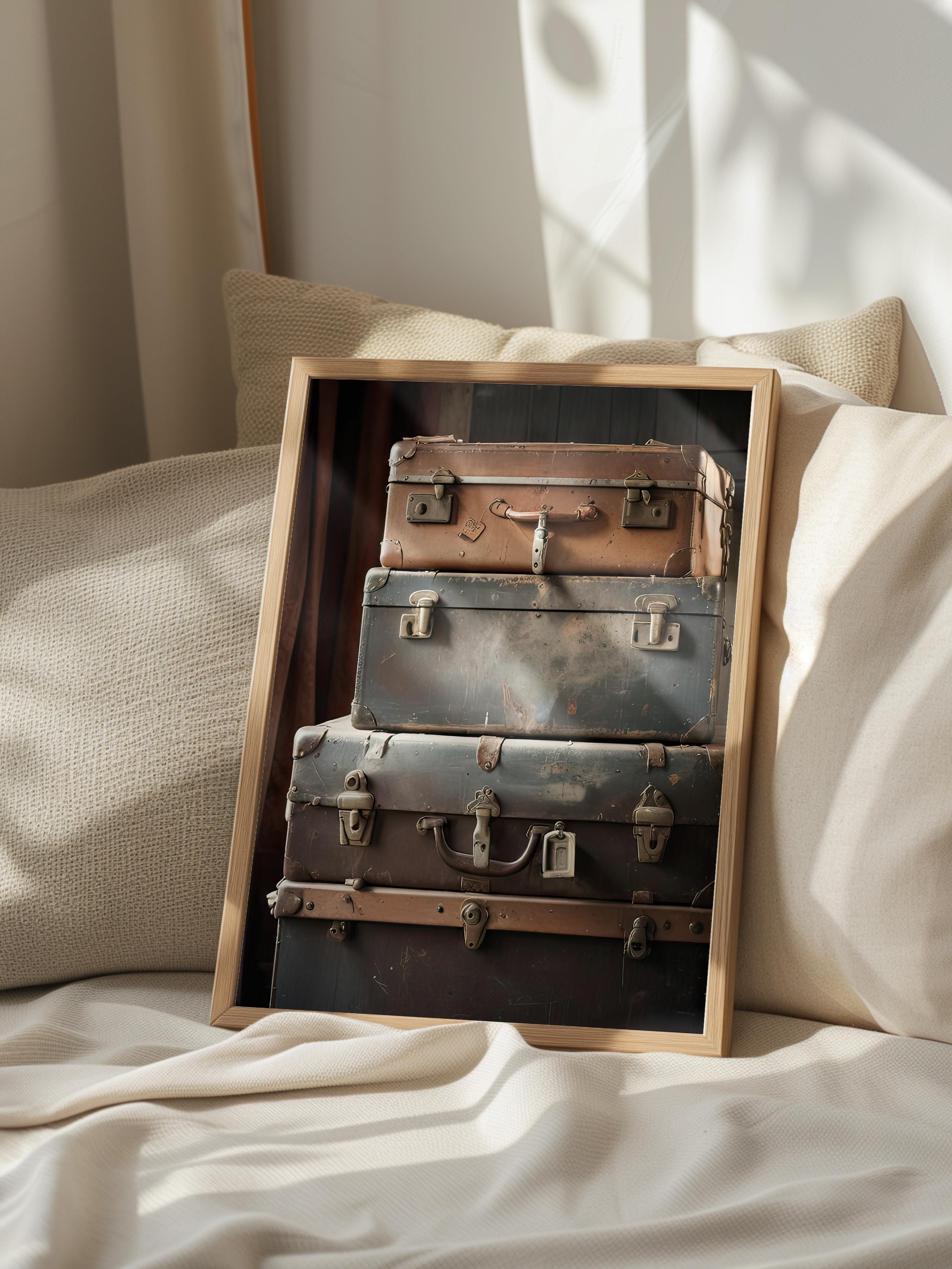 Suitcases Çerçeveli Tablo, Ahşap Çerçeve ve Poster, Dikey Duvar Tablosu Comfort Serisi NO:108318