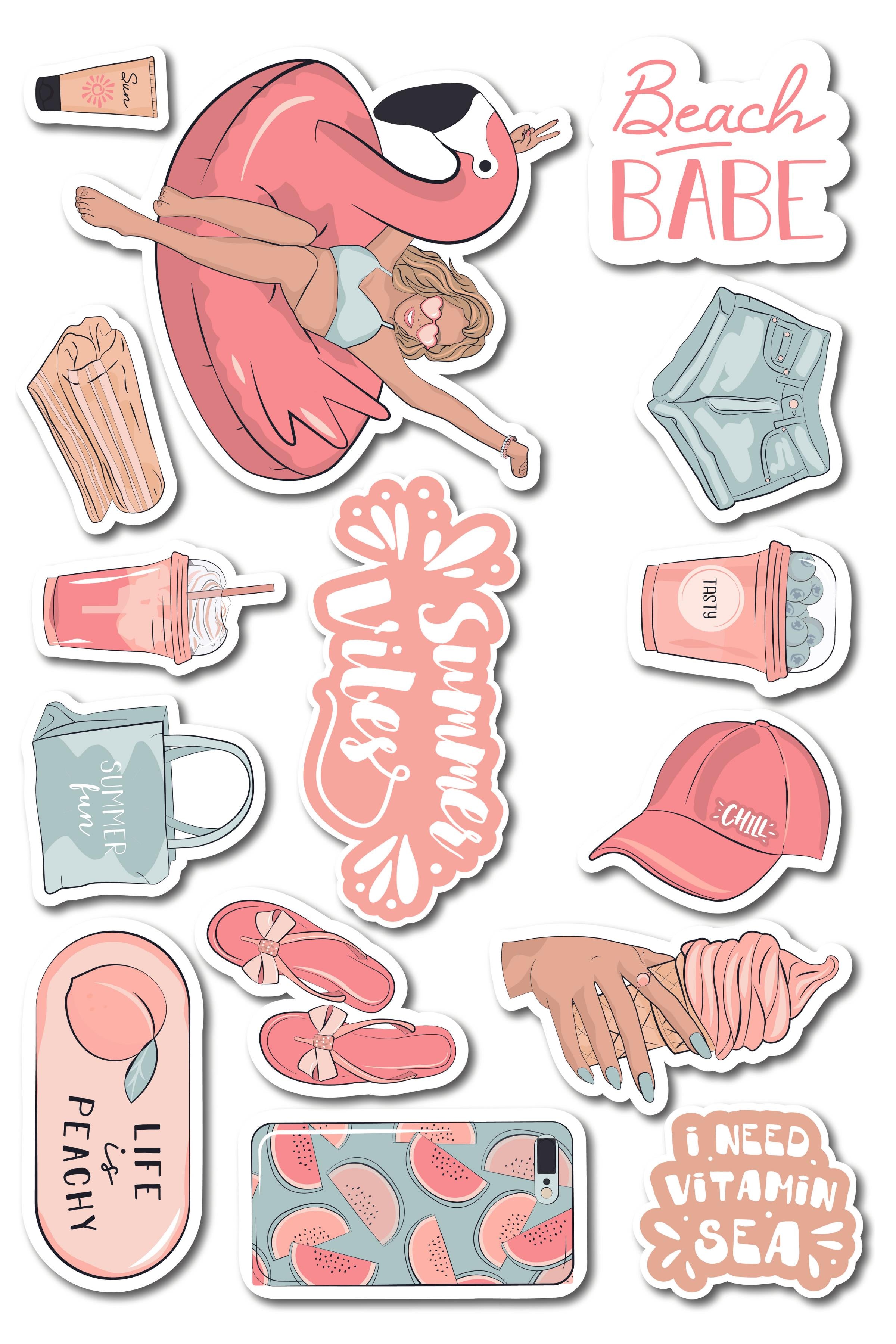 Yaz Temalı Sticker ve Etiket Seti - Orta Boy - Su Geçirmez, Kalın Yapışkanlı Sticker Seti