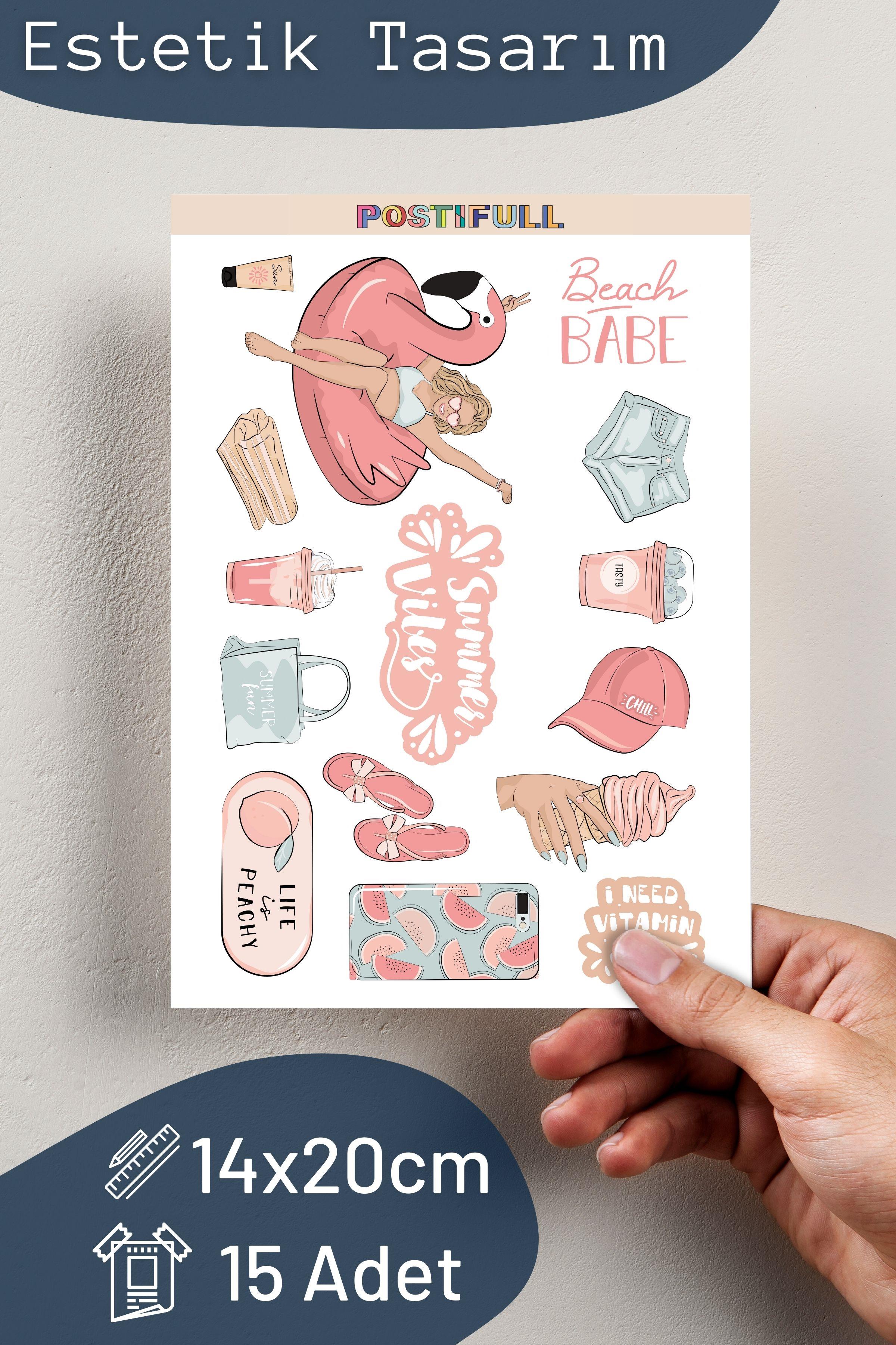 Yaz Temalı Sticker ve Etiket Seti - Orta Boy - Su Geçirmez, Kalın Yapışkanlı Sticker Seti