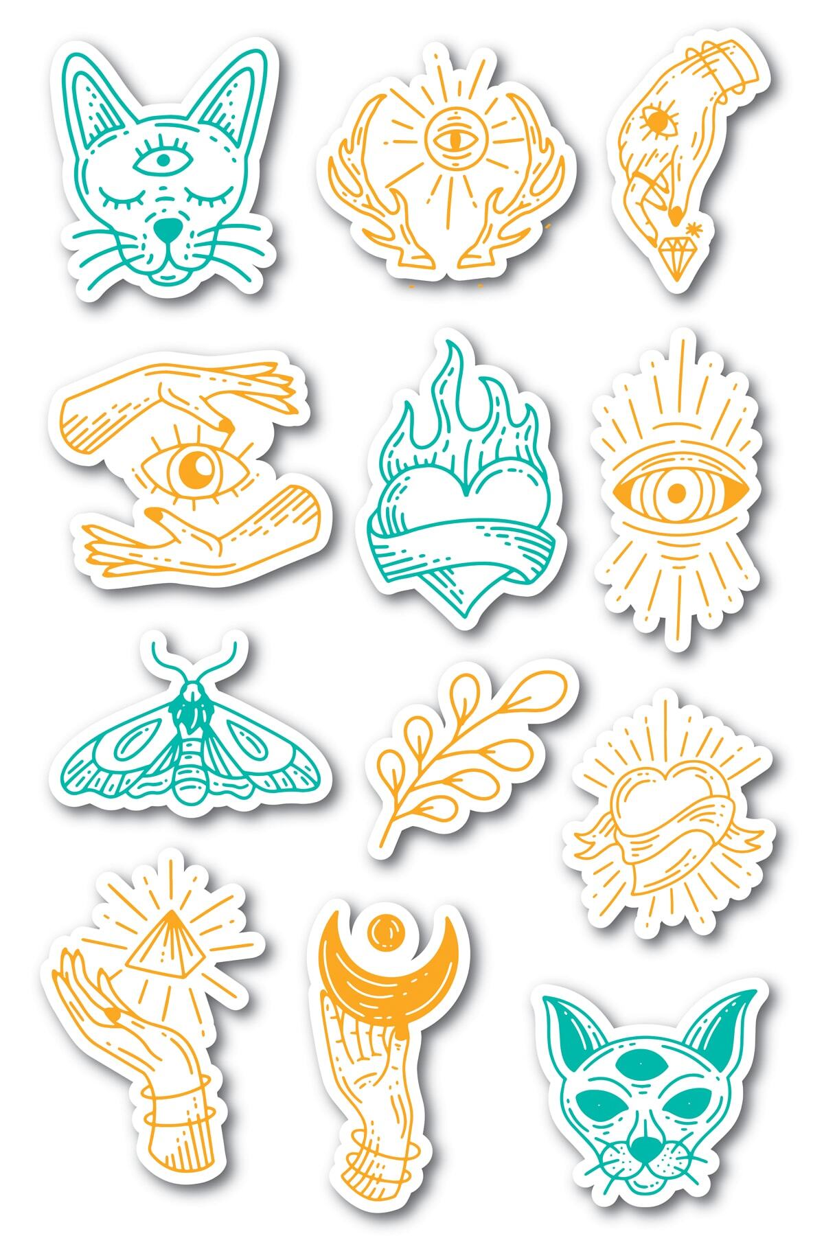 Tarot Temalı Sticker Seti - 12 Adet Etiket Seti- Telefon, Tablet, Defter Laptop Uyumlu Etiket