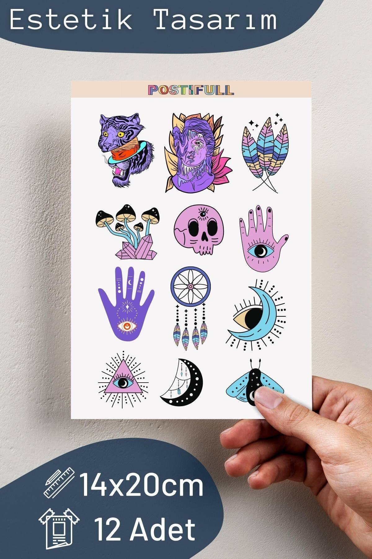 Tarot Temalı Sticker Seti - 12 Adet Etiket Seti- Telefon, Tablet, Defter Laptop Uyumlu Etiket