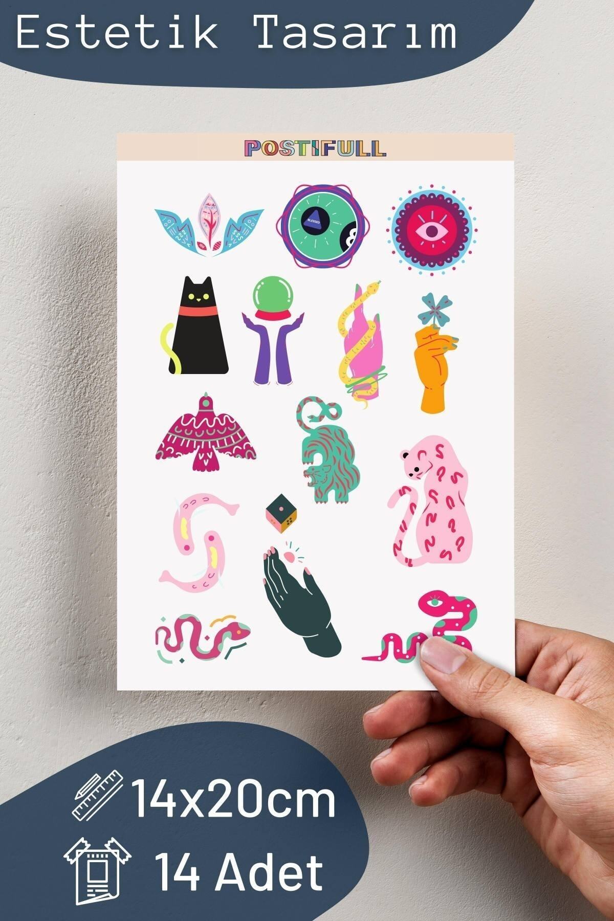 Tarot Temalı Sticker Seti - 14 Adet Etiket Seti- Telefon, Tablet, Defter Laptop Uyumlu Etiket