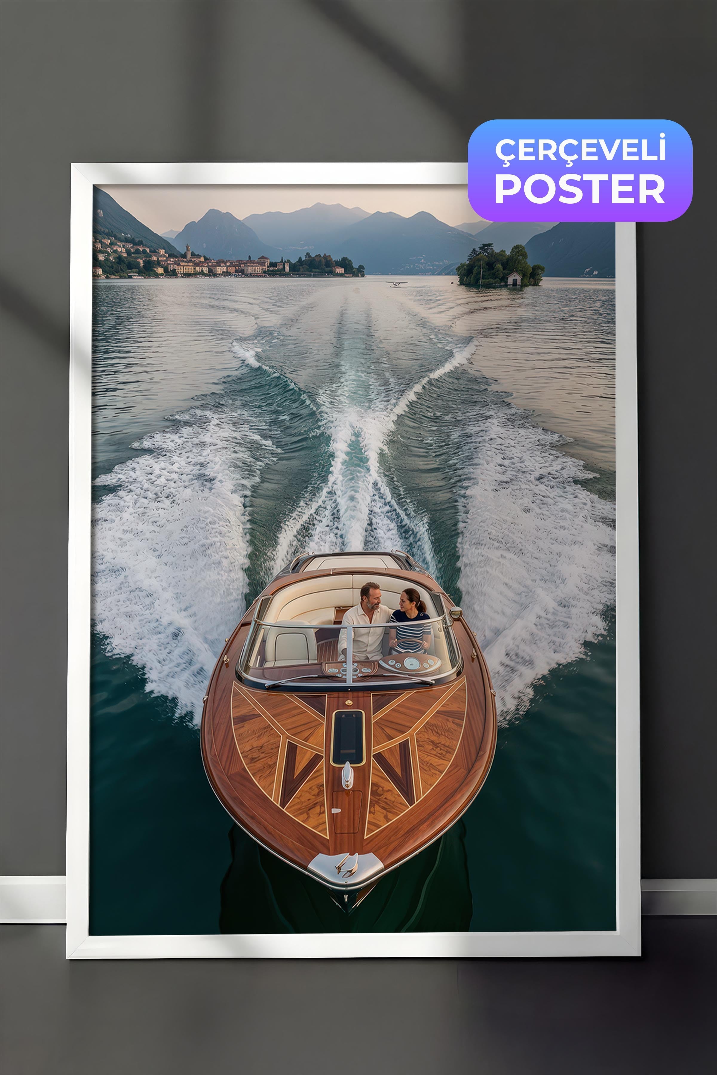 Tekne ve Dağ Manzarası Posteri, Beyaz Çerçeveli Poster, Old Money Serisi, NO:113192