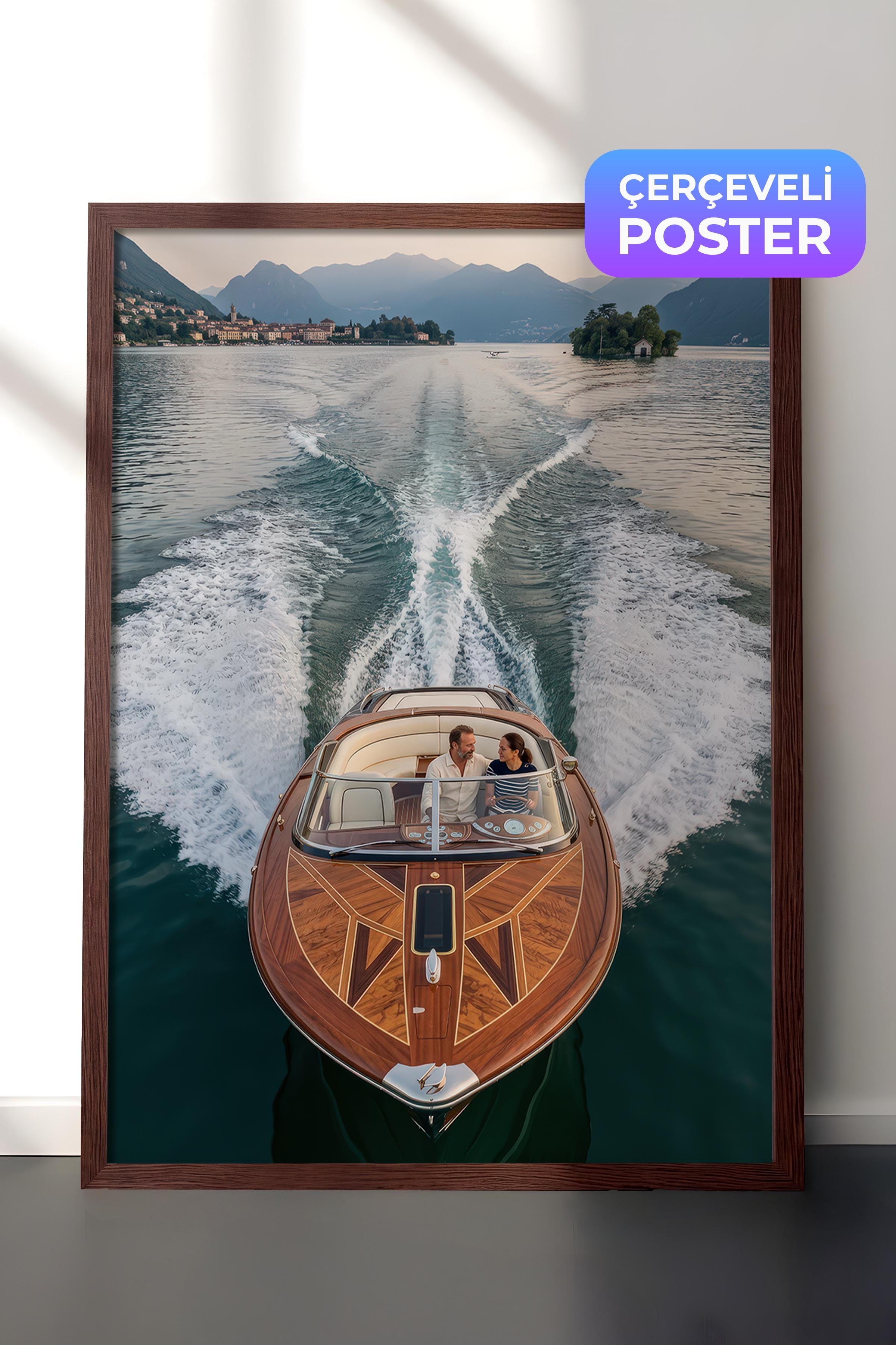 Tekne ve Dağ Manzarası Posteri, Kahverengi Çerçeveli Poster, Old Money Serisi, NO:113192