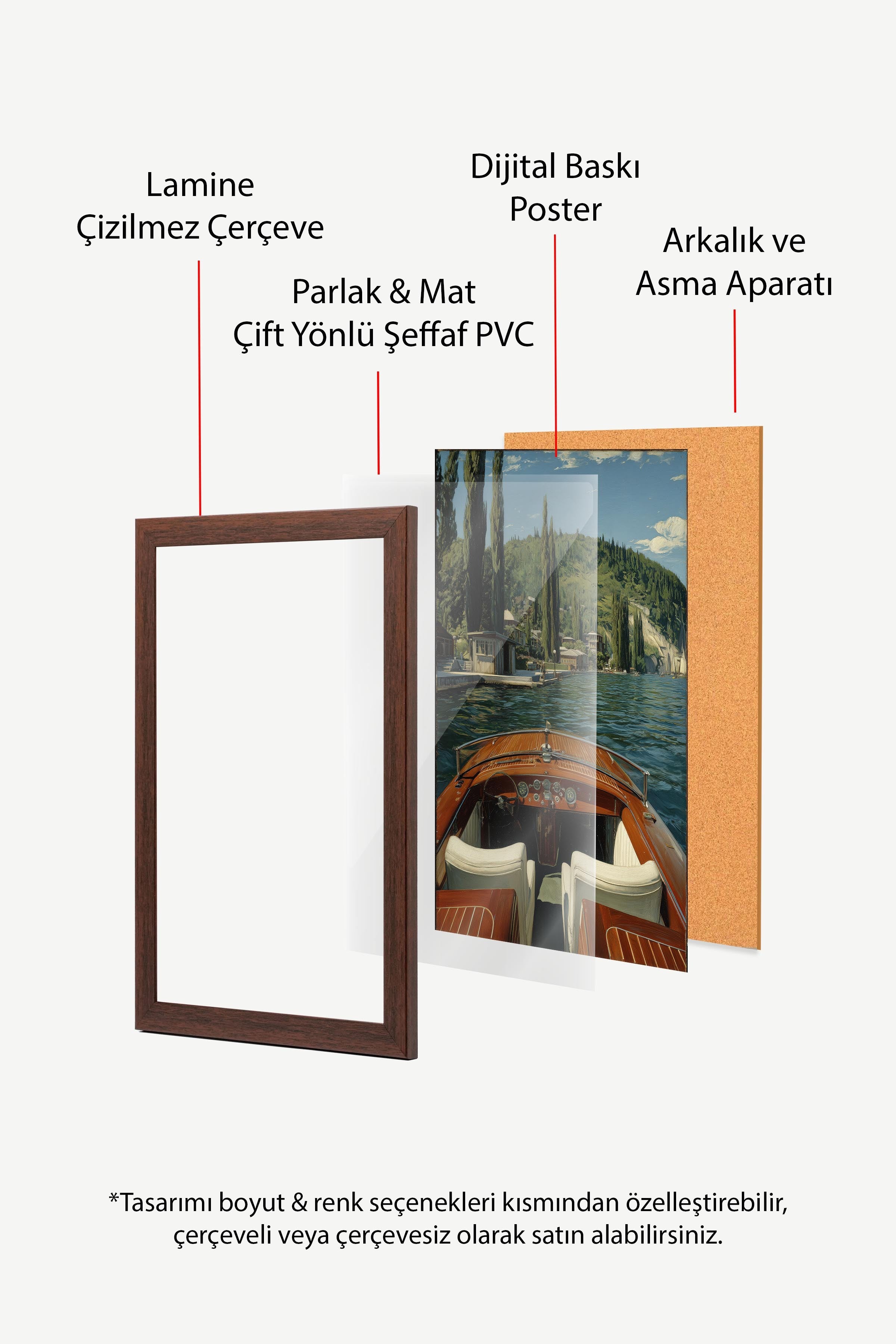 Tekne ve Göl Manzarası Posteri, Kahverengi Çerçeveli Poster, Old Money Serisi, NO:113248