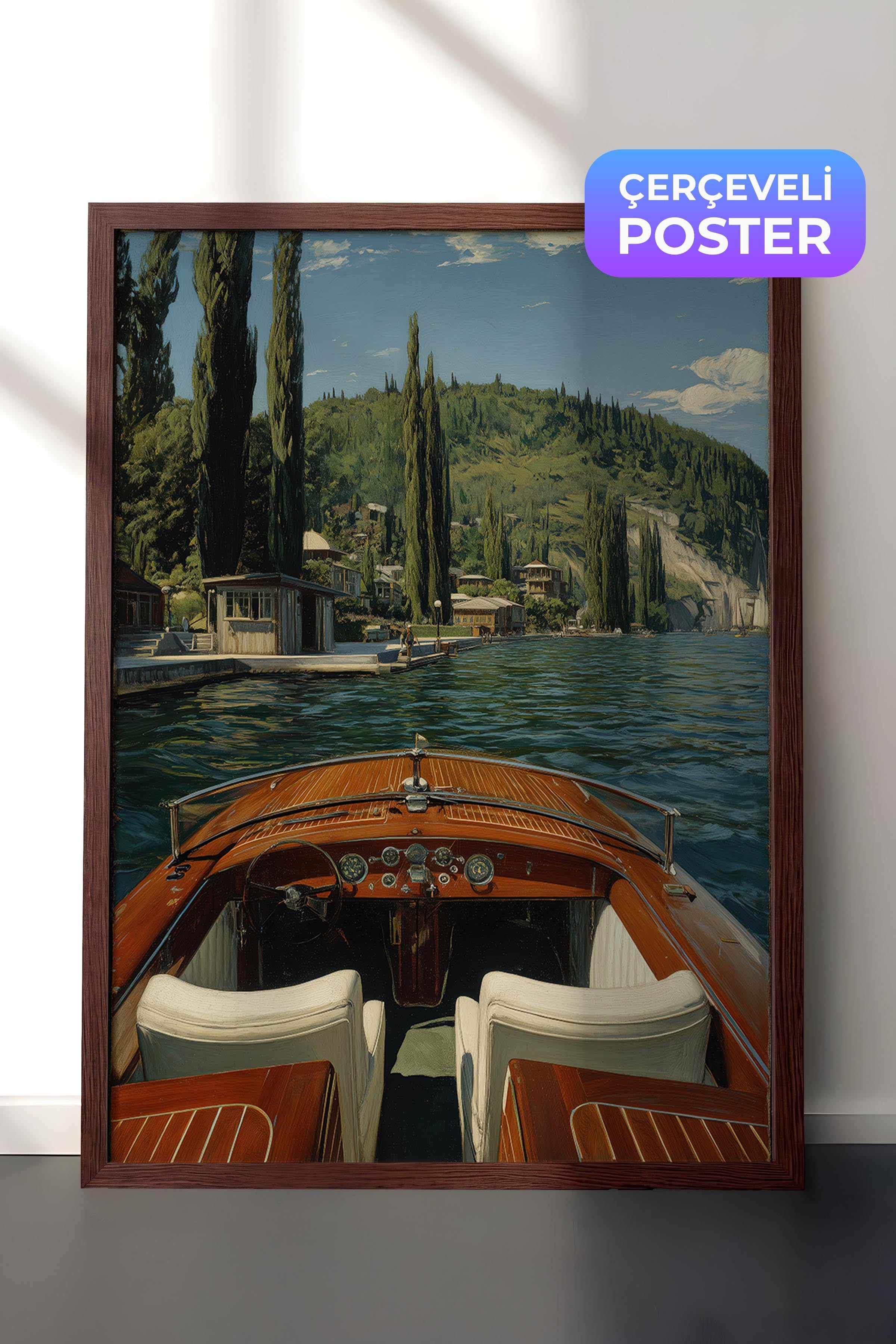Tekne ve Göl Manzarası Posteri, Kahverengi Çerçeveli Poster, Old Money Serisi, NO:113248