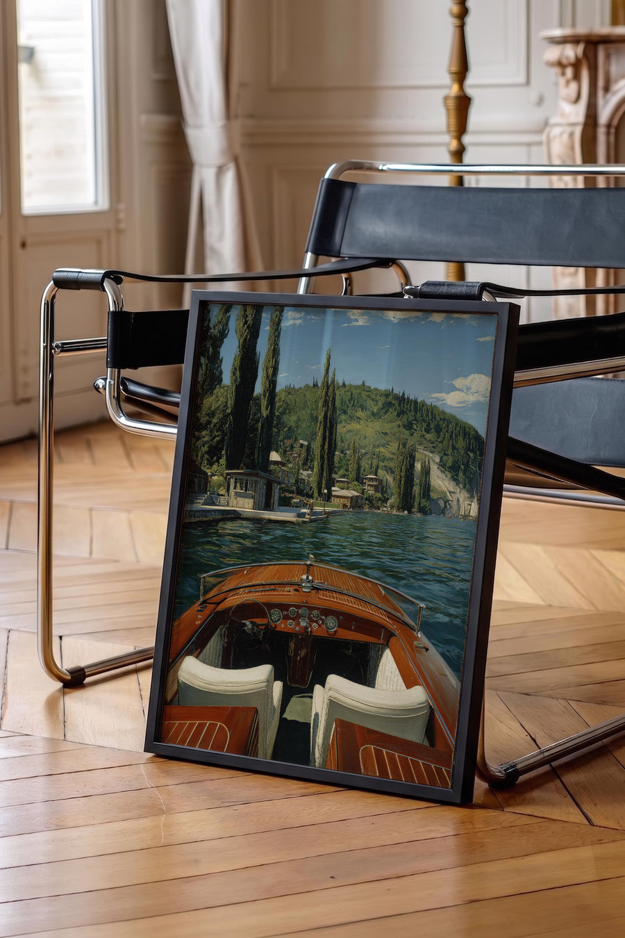 Göl Manzarası ve Tekne Old Money Tasarımlar Poster – Siyah Çerçeveli Tablo