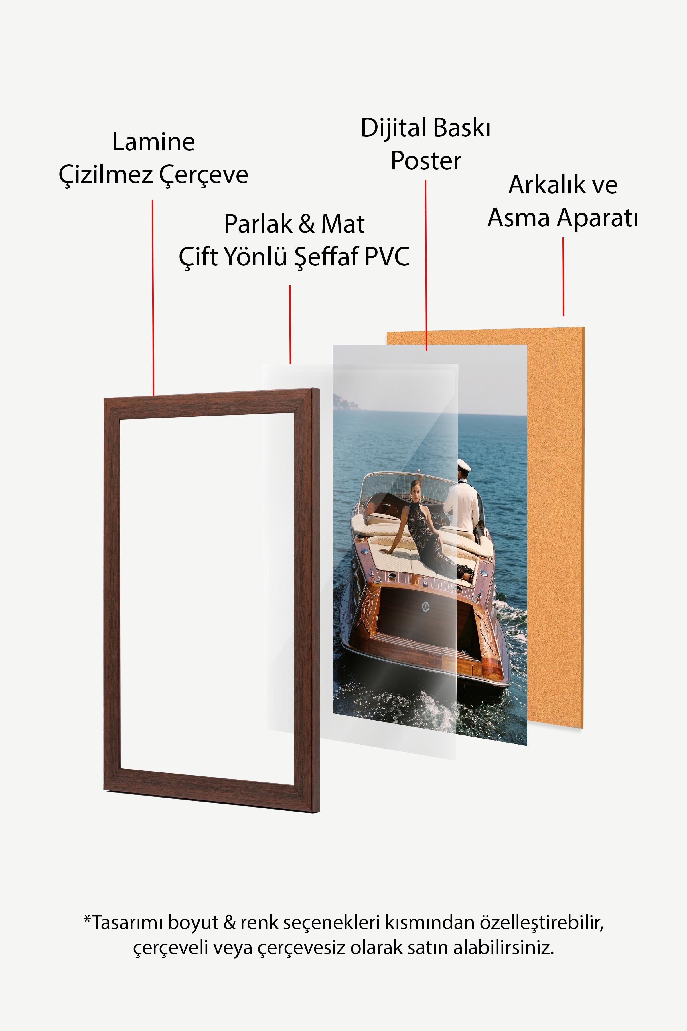Tekne ve Kadın Posteri, Kahverengi Çerçeveli Poster, Old Money Serisi, NO:113188
