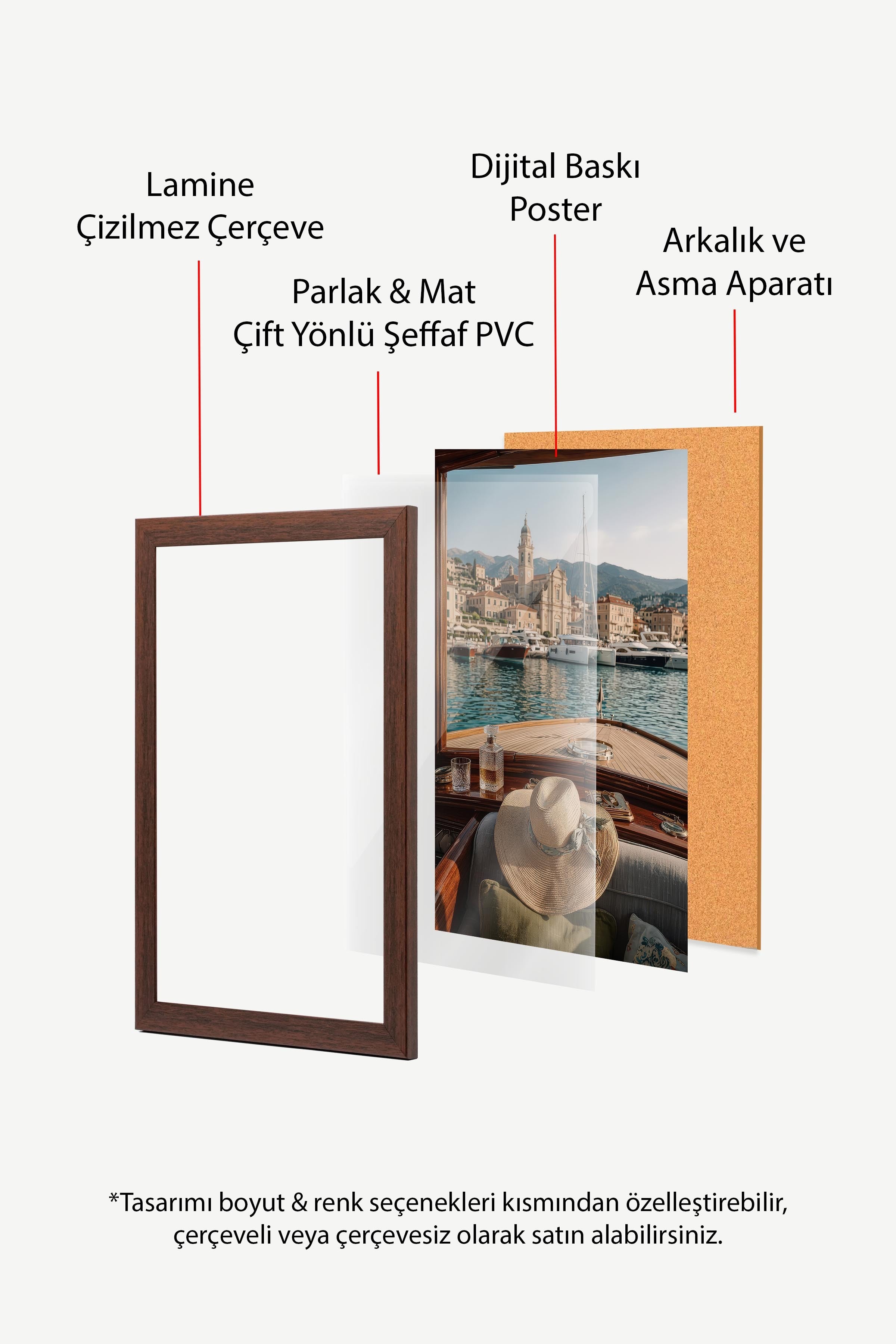 Tekne ve Şehir Manzarası Posteri, Kahverengi Çerçeveli Poster, Old Money Serisi, NO:113154