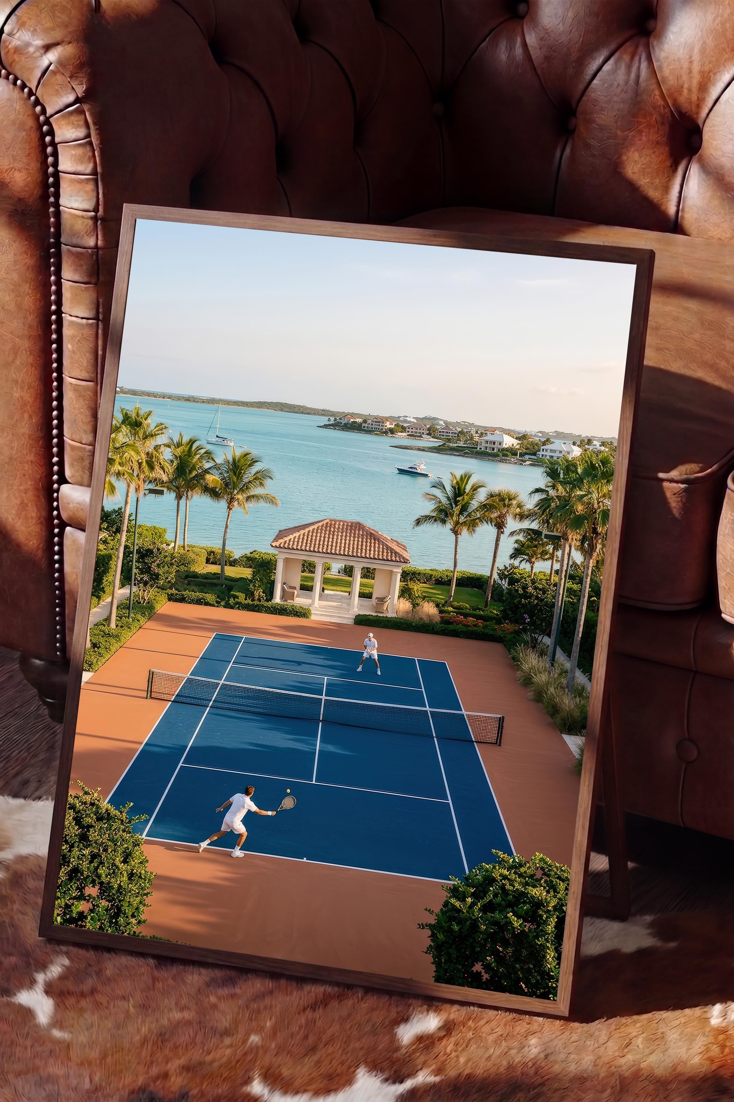 Tenis Kortu ve Deniz Manzarası Posteri, Kahverengi Çerçeveli Poster, Old Money Serisi, NO:113189