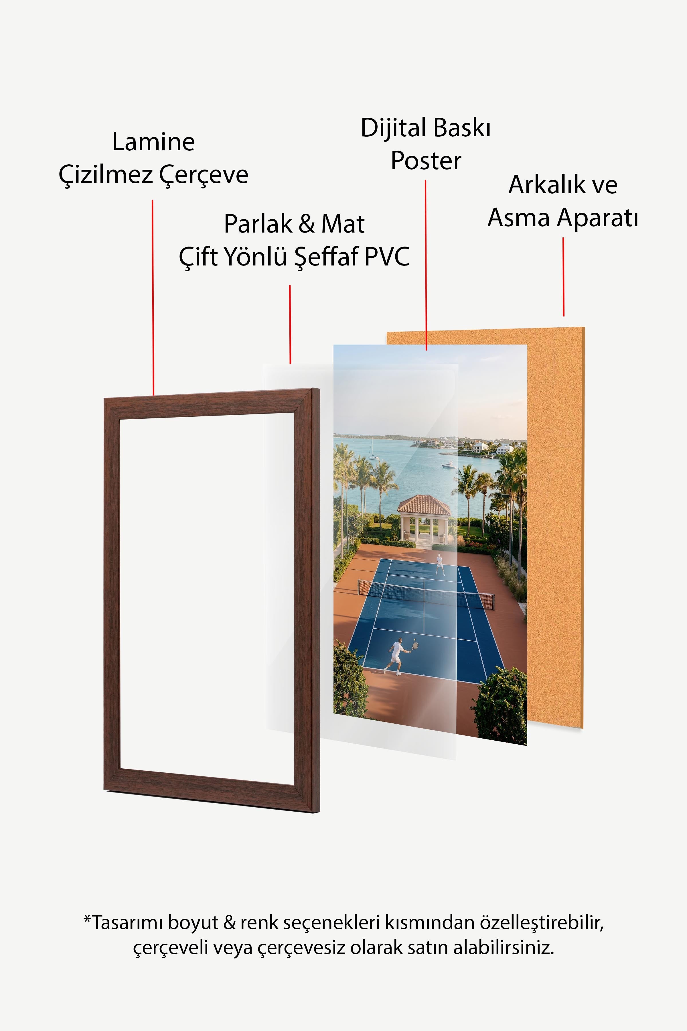 Tenis Kortu ve Deniz Manzarası Posteri, Kahverengi Çerçeveli Poster, Old Money Serisi, NO:113189