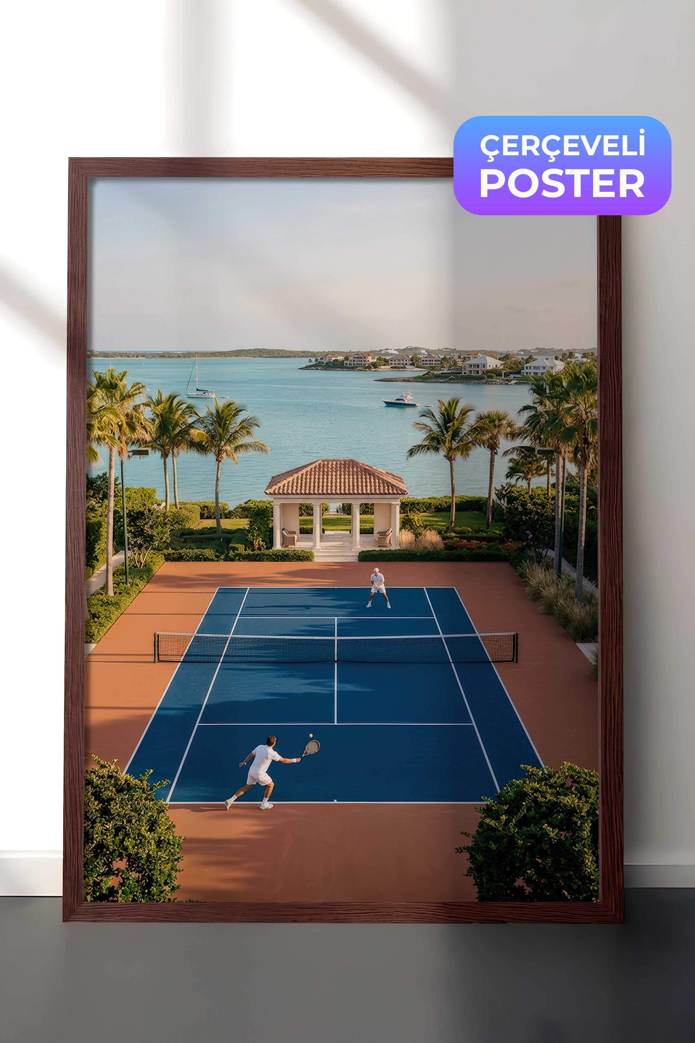 Tenis Kortu ve Deniz Manzarası Posteri, Kahverengi Çerçeveli Poster, Old Money Serisi, NO:113189