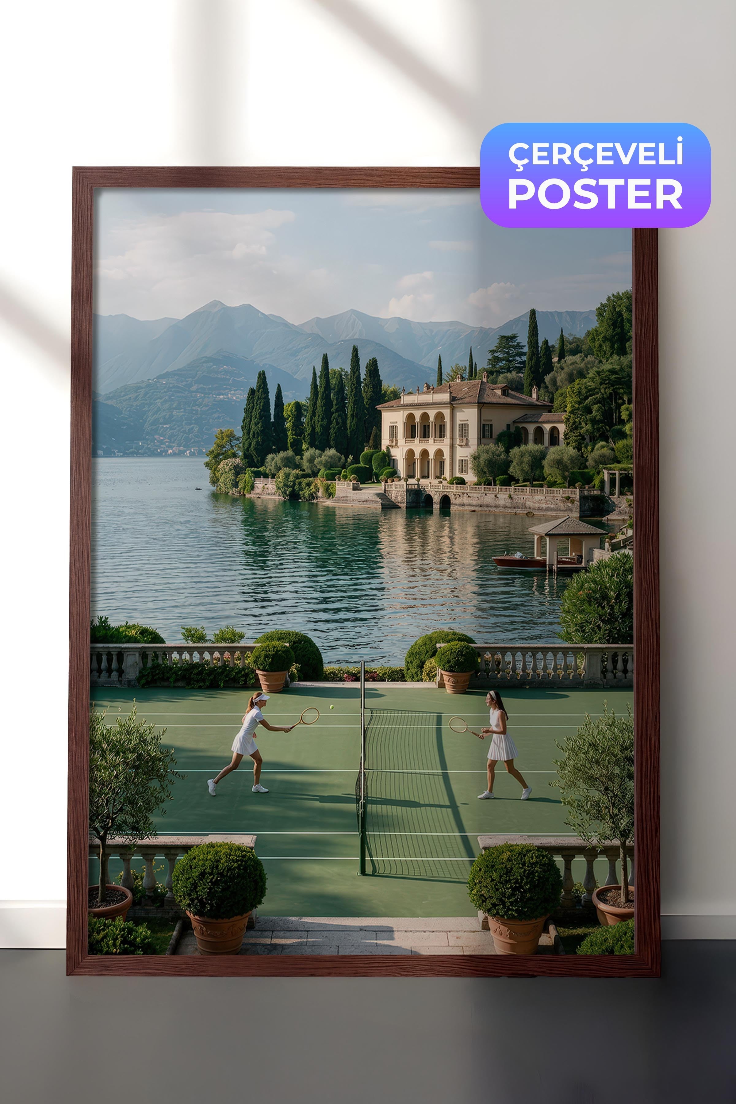 Tenis Kortu ve Göl Manzarası Posteri, Kahverengi Çerçeveli Poster, Old Money Serisi, NO:113166