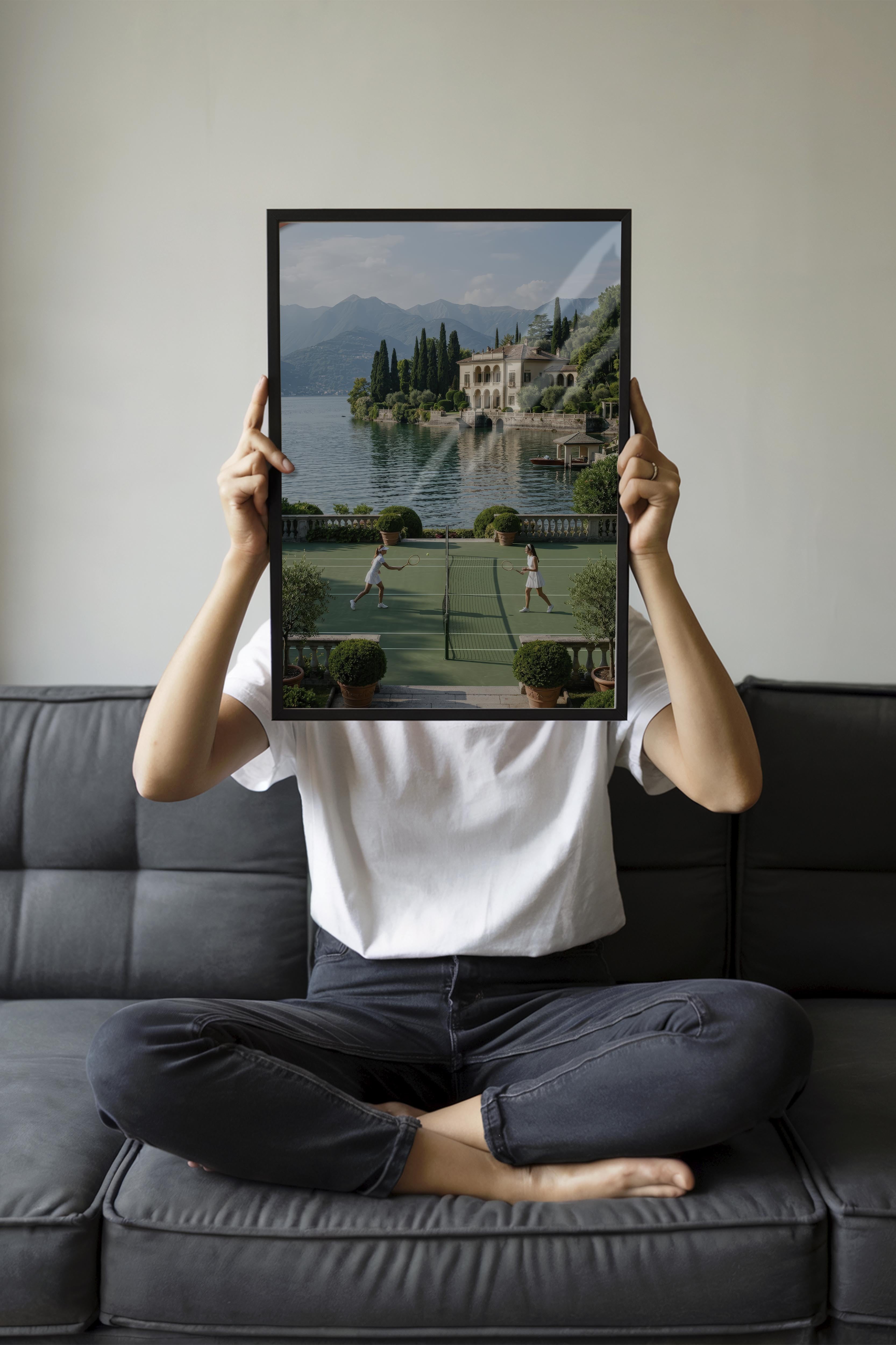 Tenis Kortu ve Göl Manzarası Posteri, Siyah Çerçeveli Poster, Old Money Serisi, NO:113166
