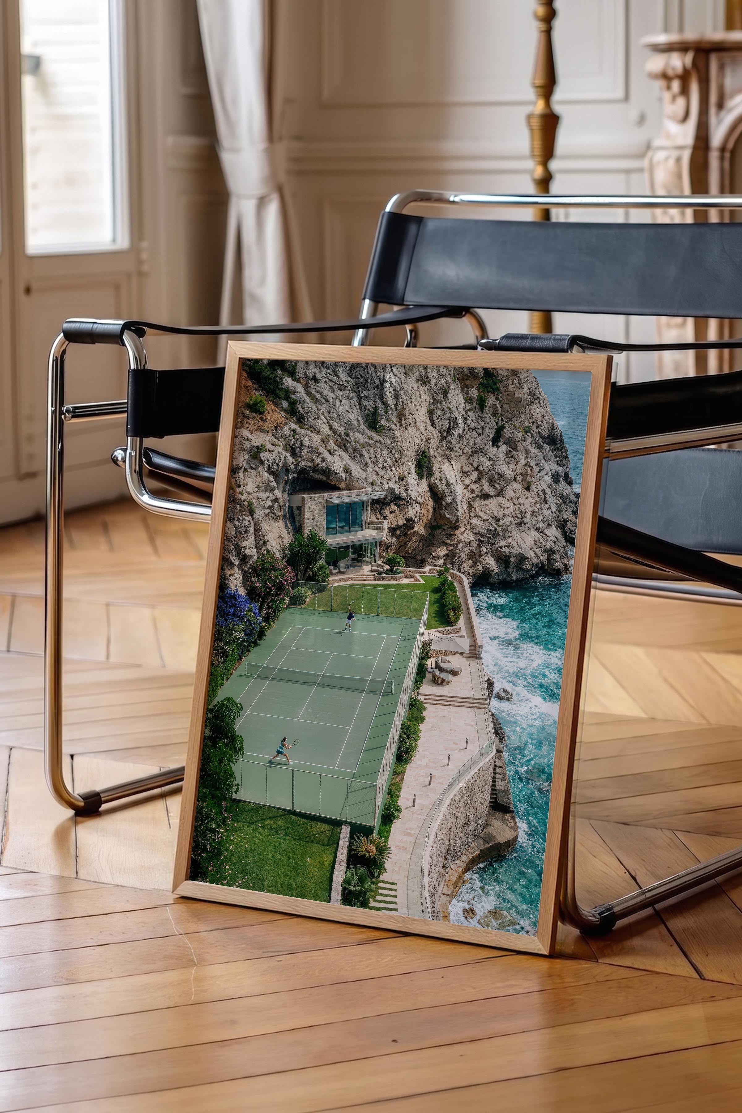 Tenis Kortu ve Manzara Posteri, Ahşap Çerçeveli Poster, Old Money Serisi, NO:113210