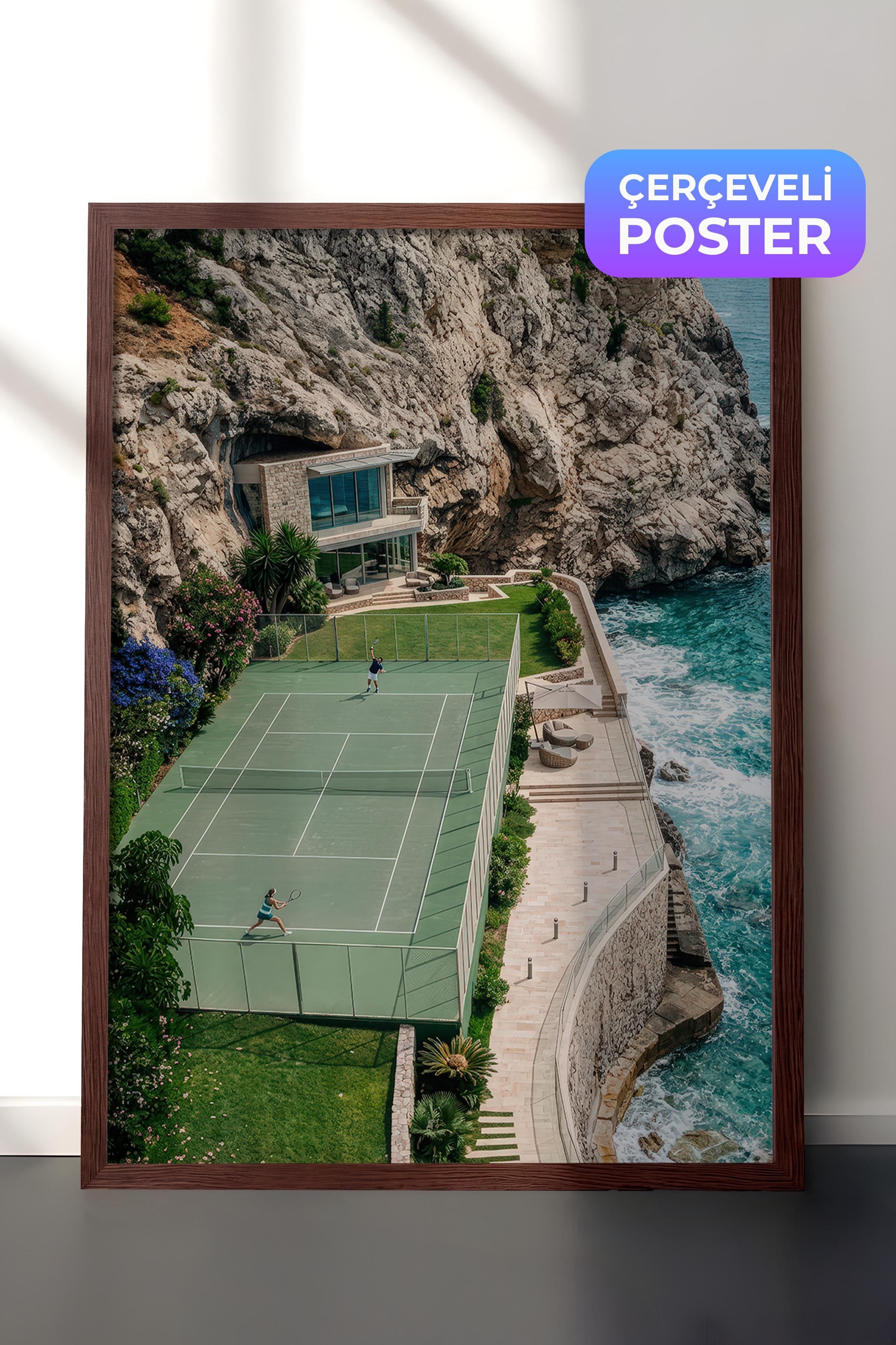 Tenis Kortu ve Manzara Posteri, Kahverengi Çerçeveli Poster, Old Money Serisi, NO:113210