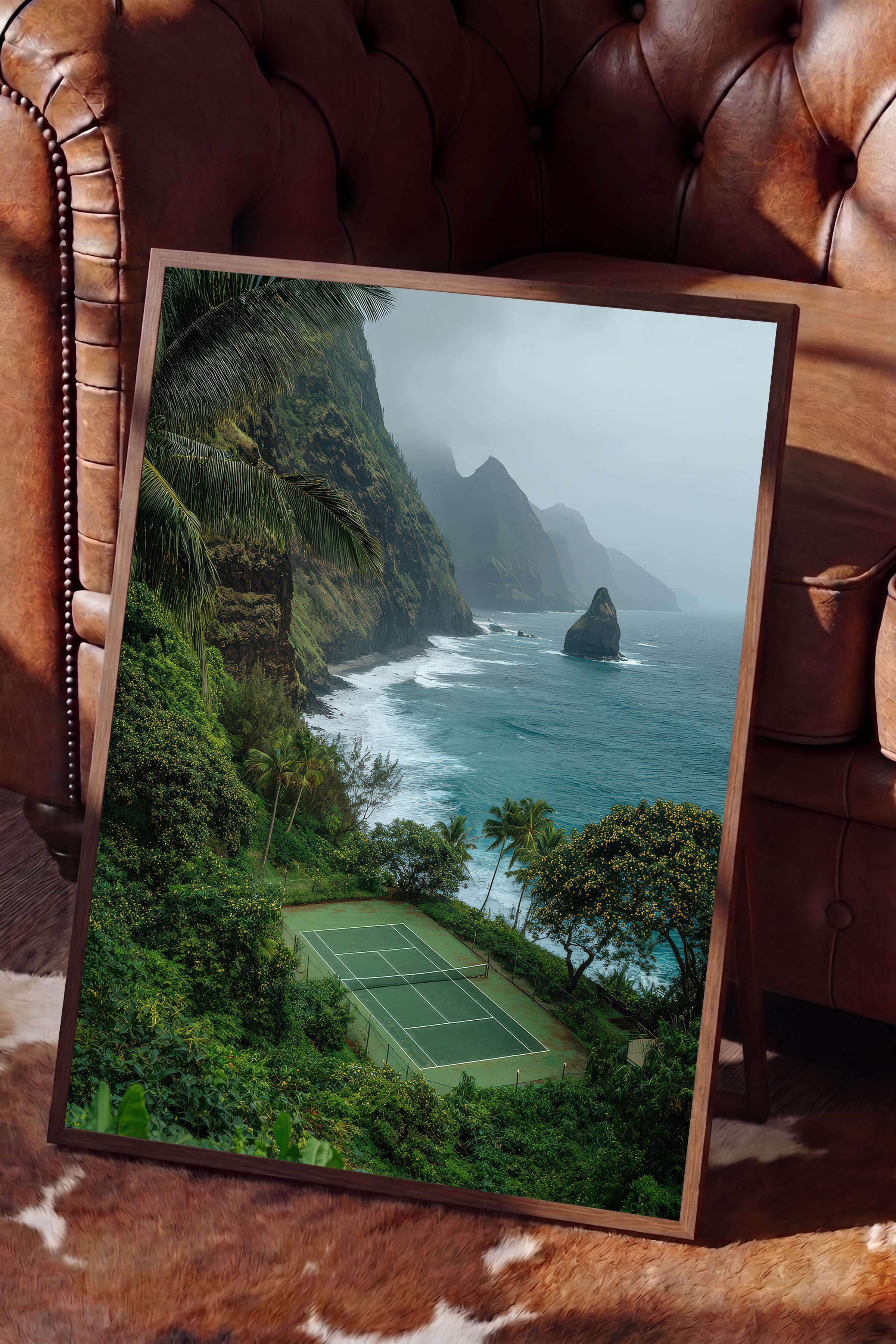 Tenis Kortu ve Manzara Posteri, Kahverengi Çerçeveli Poster, Old Money Serisi, NO:113235