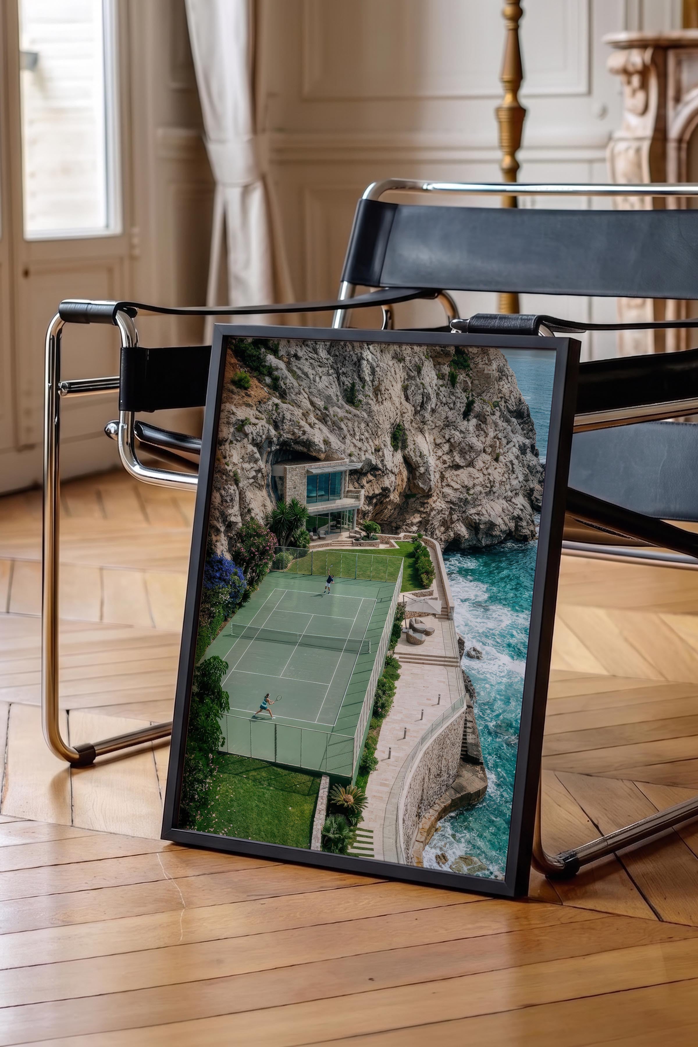 Tenis Kortu ve Manzara Posteri, Siyah Çerçeveli Poster, Old Money Serisi, NO:113210