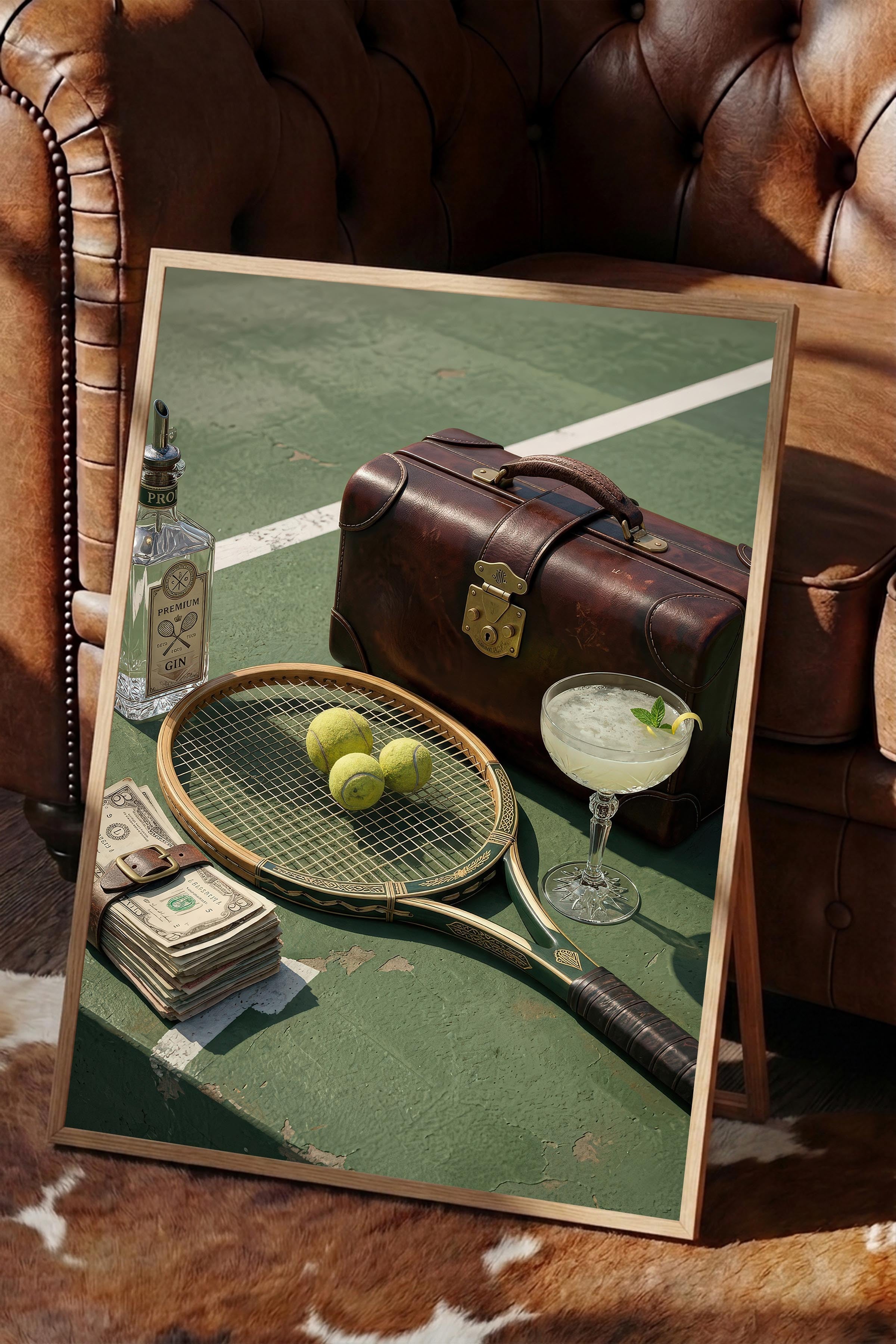 Tenis Raketi ve Kokteyl Posteri, Ahşap Çerçeveli Poster, Old Money Serisi, NO:113153