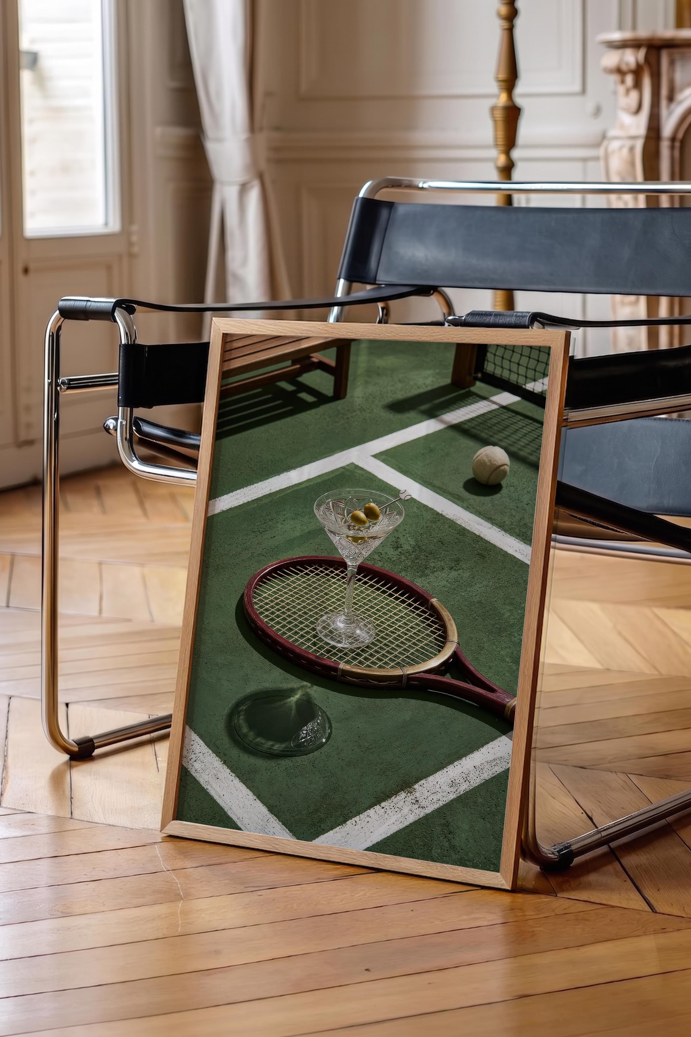 Tenis Raketi ve Kokteyl Posteri, Ahşap Çerçeveli Poster, Old Money Serisi, NO:113179